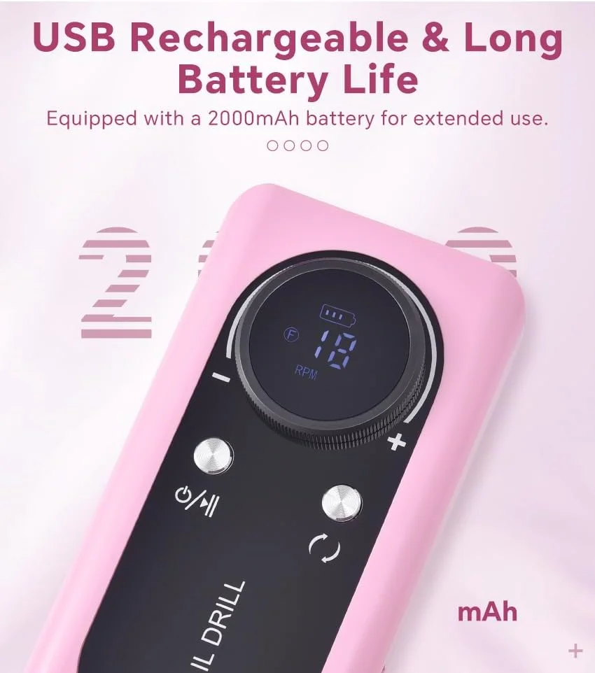 ست سوهان برقی ناخن مانیکور 45000 دور در دقیقه حرفه ای با 6 سری سوهان و 6 نوار سنباده، بی سیم، سبک وزن، مناسب سالن (سفید)