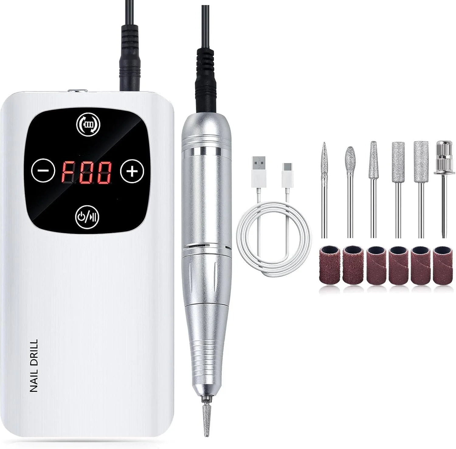 دستگاه سوهان برقی ناخن 45000 دور در دقیقه 2 در 1، قابل شارژ، قابل حمل، کیت سوهان برقی DIY با صفحه نمایش LCD هوشمند برای مانیکور و پدیکور ناخن ژلی، بدنه بازتابنده و غیره (سفید)