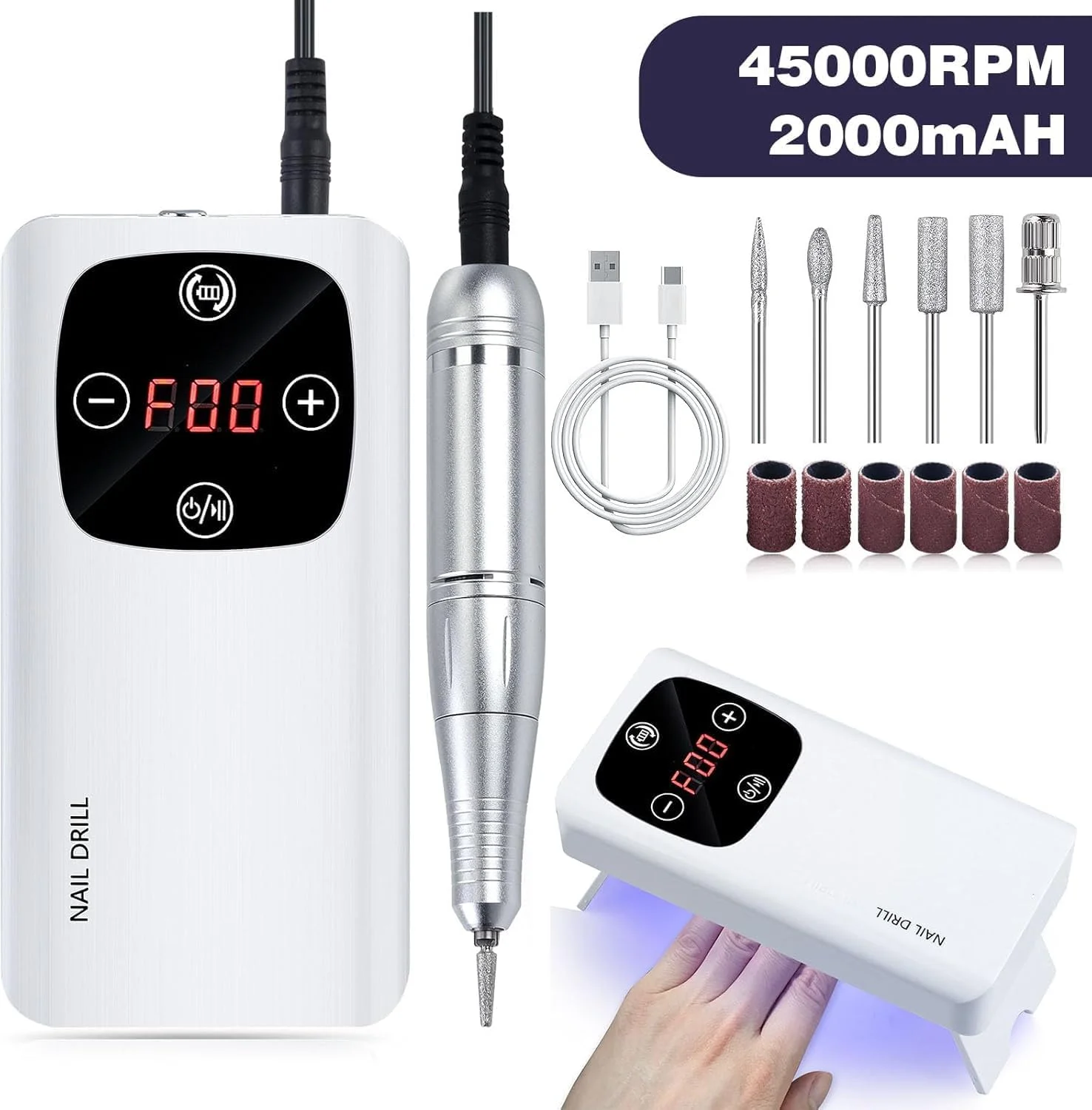دستگاه سوهان برقی ناخن 45000 دور در دقیقه 2 در 1، قابل شارژ، قابل حمل، کیت سوهان برقی DIY با صفحه نمایش LCD هوشمند برای مانیکور و پدیکور ناخن ژلی، بدنه بازتابنده و غیره (سفید)