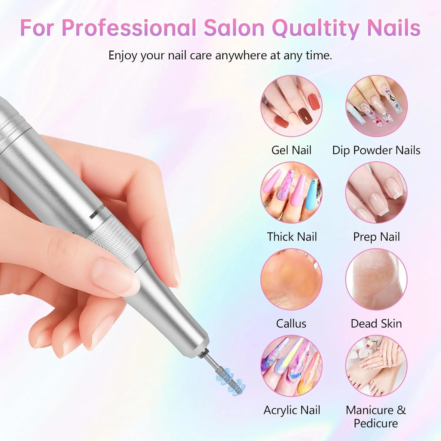 دستگاه سوهان برقی ناخن - 45000 دور در دقیقه، قابل حمل، به همراه 11 سری و پایه، صفحه نمایش LED، فوق العاده بی صدا، مناسب برای پولیش ژل و ناخن های اکریلیک (صورتی)