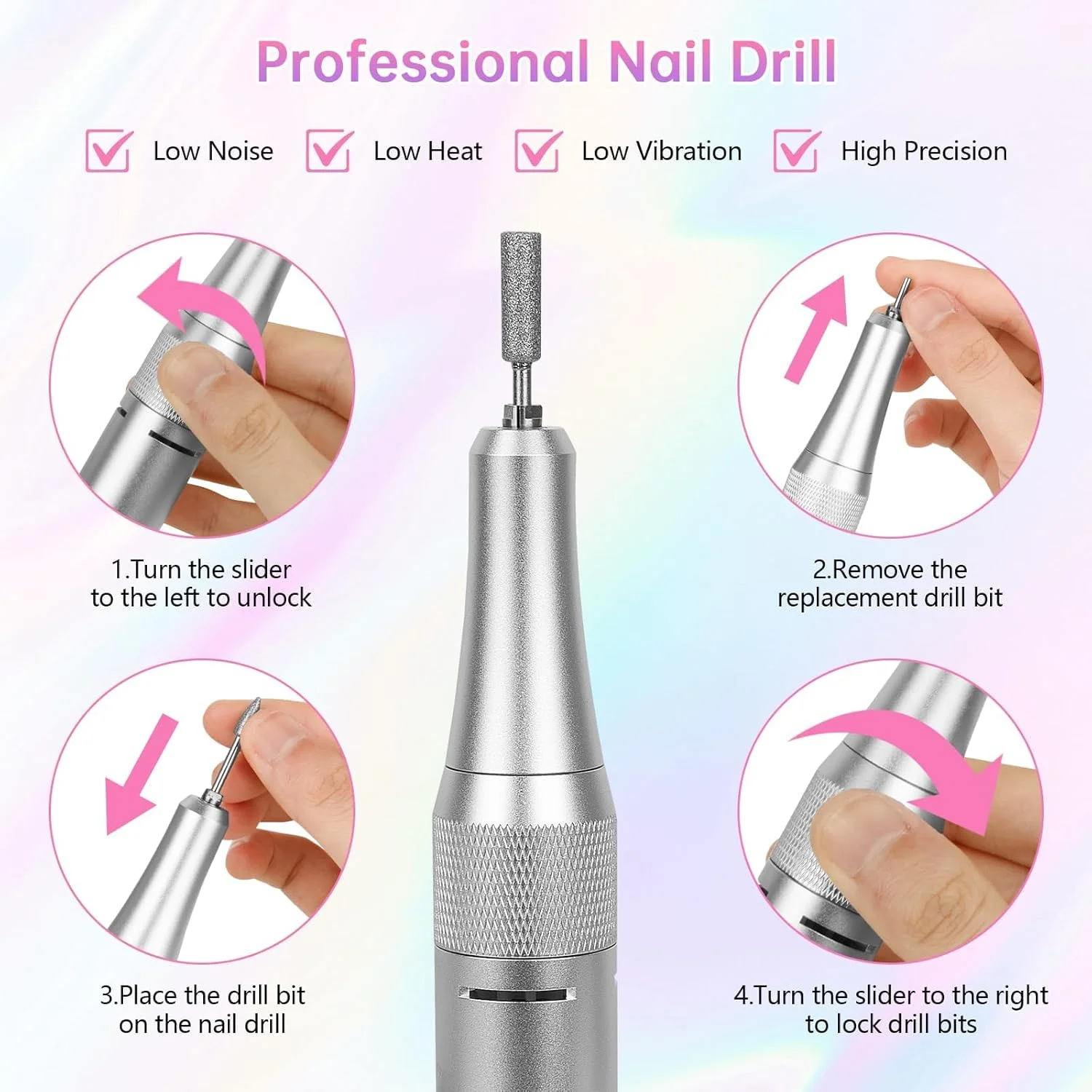 دستگاه سوهان برقی ناخن - 45000 دور در دقیقه، قابل حمل، به همراه 11 سری و پایه، صفحه نمایش LED، فوق العاده بی صدا، مناسب برای پولیش ژل و ناخن های اکریلیک (صورتی)