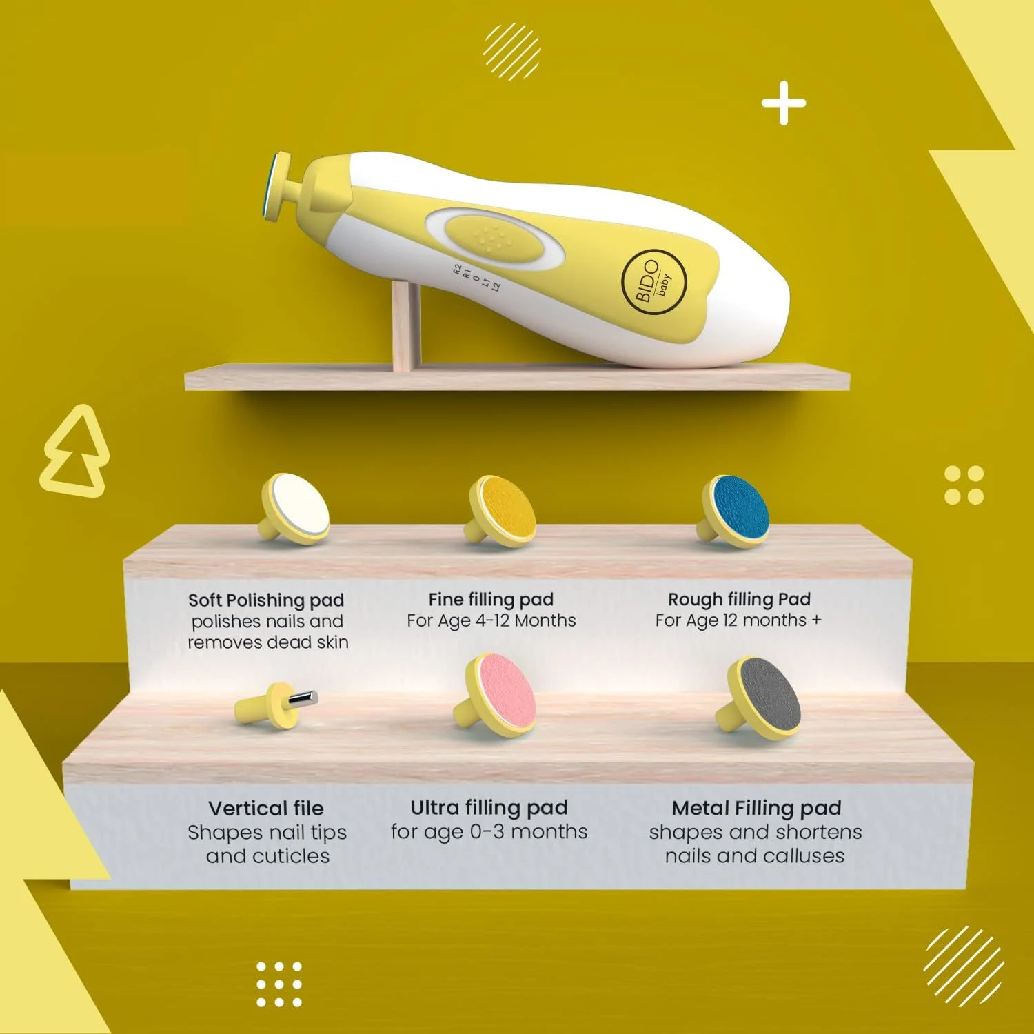 سوهان ناخن نوزاد BİDO، ناخن گیر برقی ایمن نوزاد، ست مانیکور برای نوزادان و کودکان نوپا، 6 سری سمباده و چراغ LED، صورتی یا آبی (زرد)