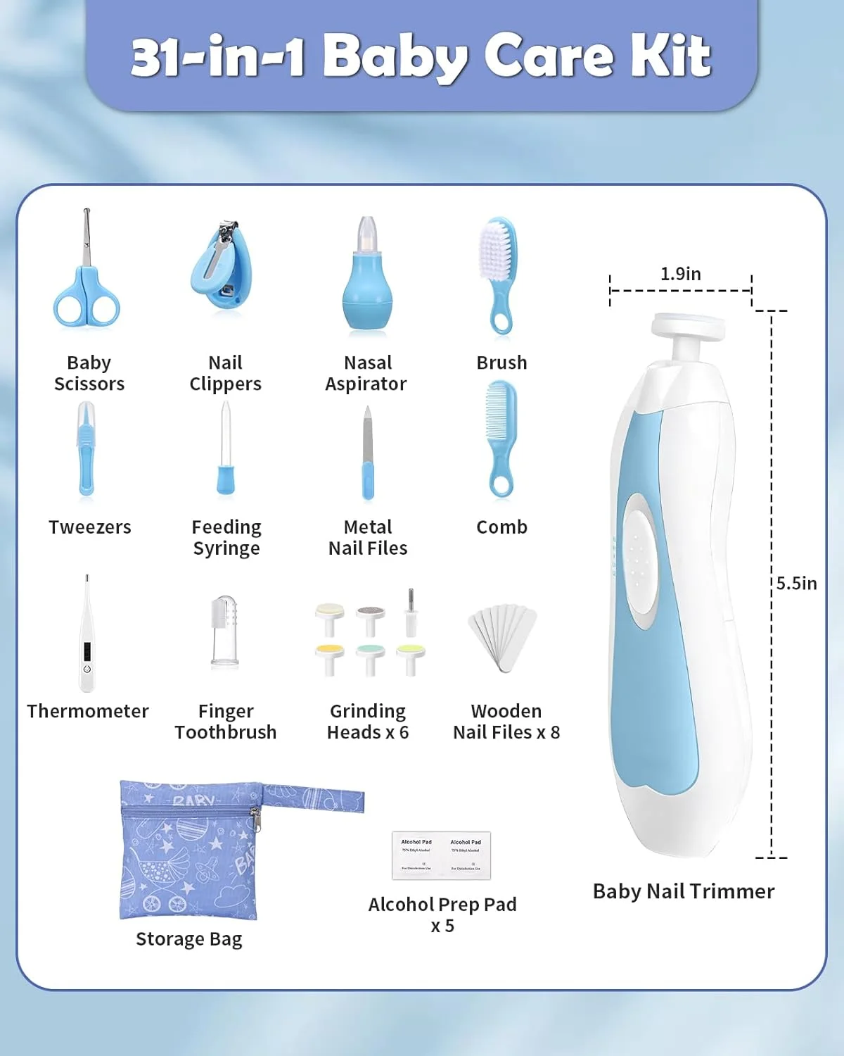 سوهان ناخن برقی کودک Lictin با 6 سری سنگ زنی، ست ناخن کودک 26 در 1 با چراغ LED، ست مراقبت از ناخن برقی برای نوزادان، کودکان نوپا، بزرگسالان، شارژ USB، آبی روشن