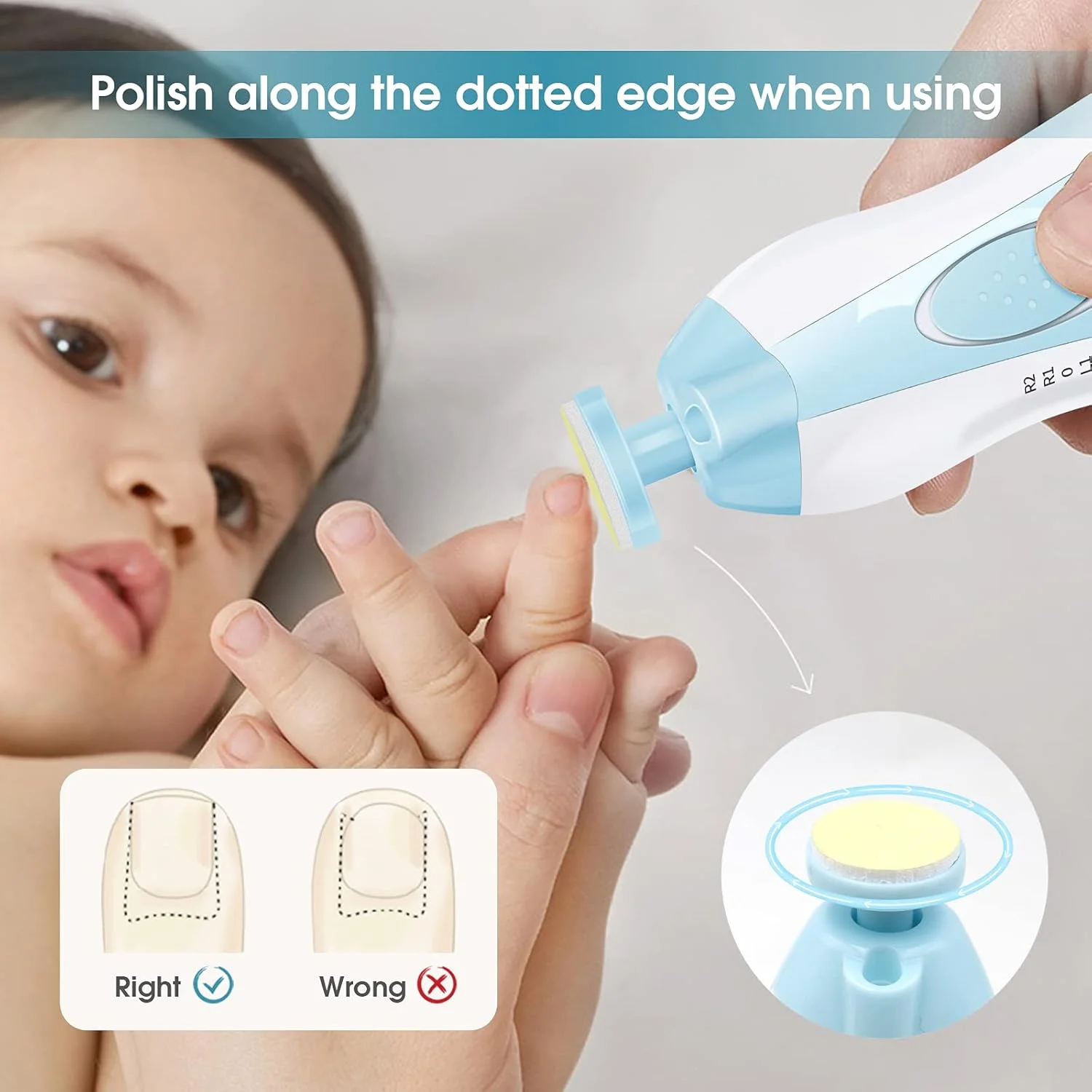 سوهان ناخن کودک Govvay، سوهان ناخن برقی کودک با چراغ جلوی LED، ناخن گیر ایمن و بی صدا کودک با 6 سر سنگ زنی برای نوزاد، کودک نوپا، کودکان یا زنان (آبی)