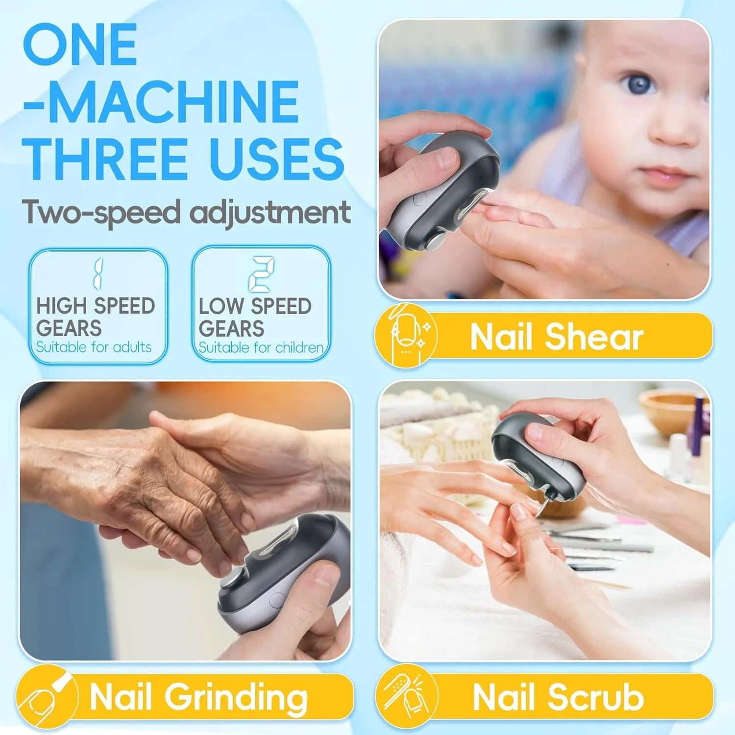 ناخن گیر برقی، سوهان و پولیش ناخن 3 در 1 با محفظه نگهداری خرده ناخن و چراغ LED، قابل شارژ با USB، دارای 2 سرعت برای نوزادان، کودکان، سالمندان و بزرگسالان (مشکی مات)