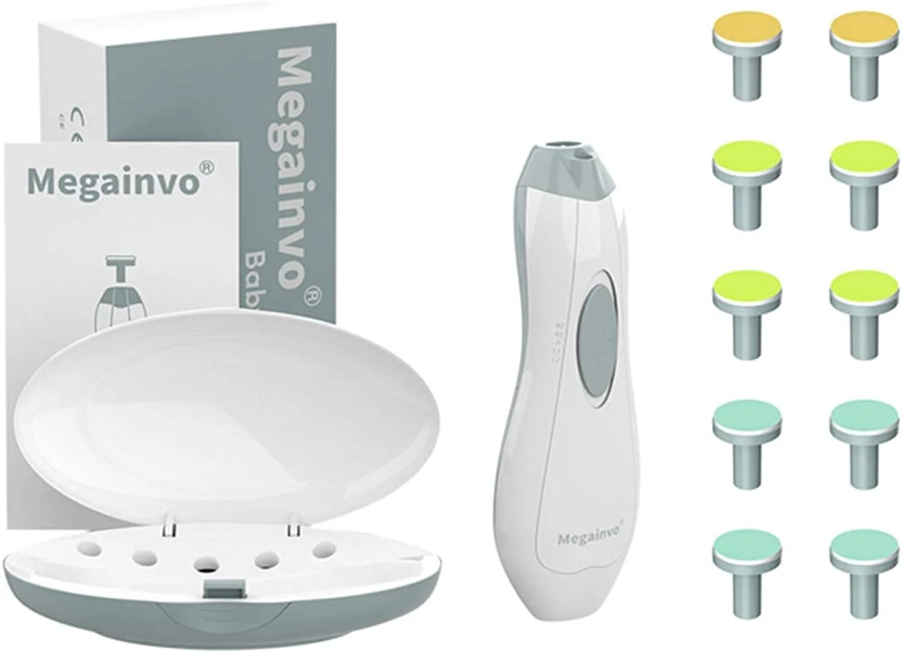 سوهان ناخن برقی کودک Megainvo، ست مانیکور با نور LED، طراحی فوق العاده آرام و ایمن برای نوزادان، کودکان نوپا، مراقبت از انگشتان دست و پا، 10 سری سنگ زنی، با باتری AA کار می کند (شامل نمی شود)