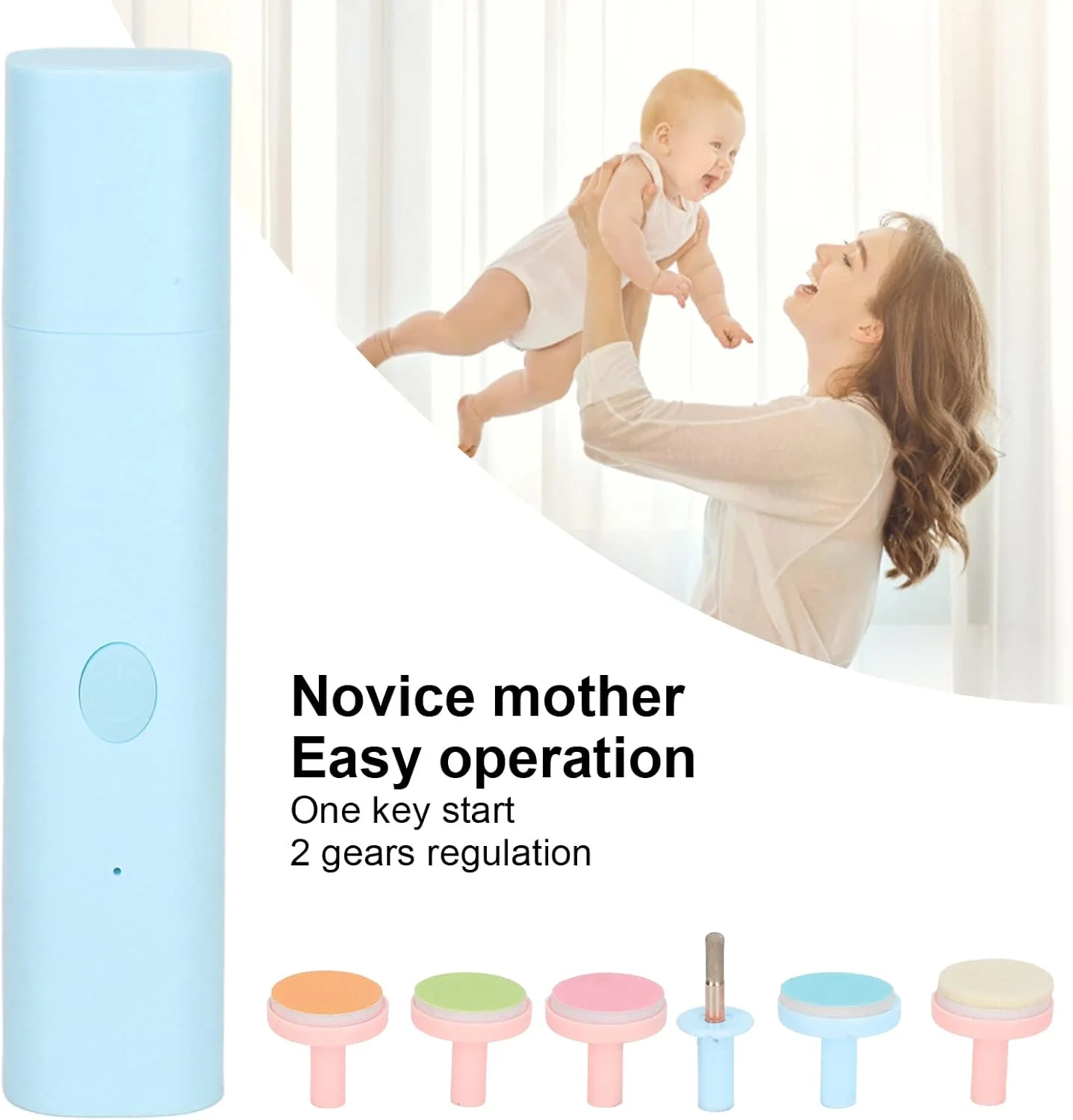 سوهان ناخن برقی نوزاد، دستگاه مراقبت از ناخن نوزاد، سوهان ناخن برقی ایمن نوزاد، سر پولیش نرم، سر سنگ زنی، ست سوهان ناخن نوزاد (آبی)