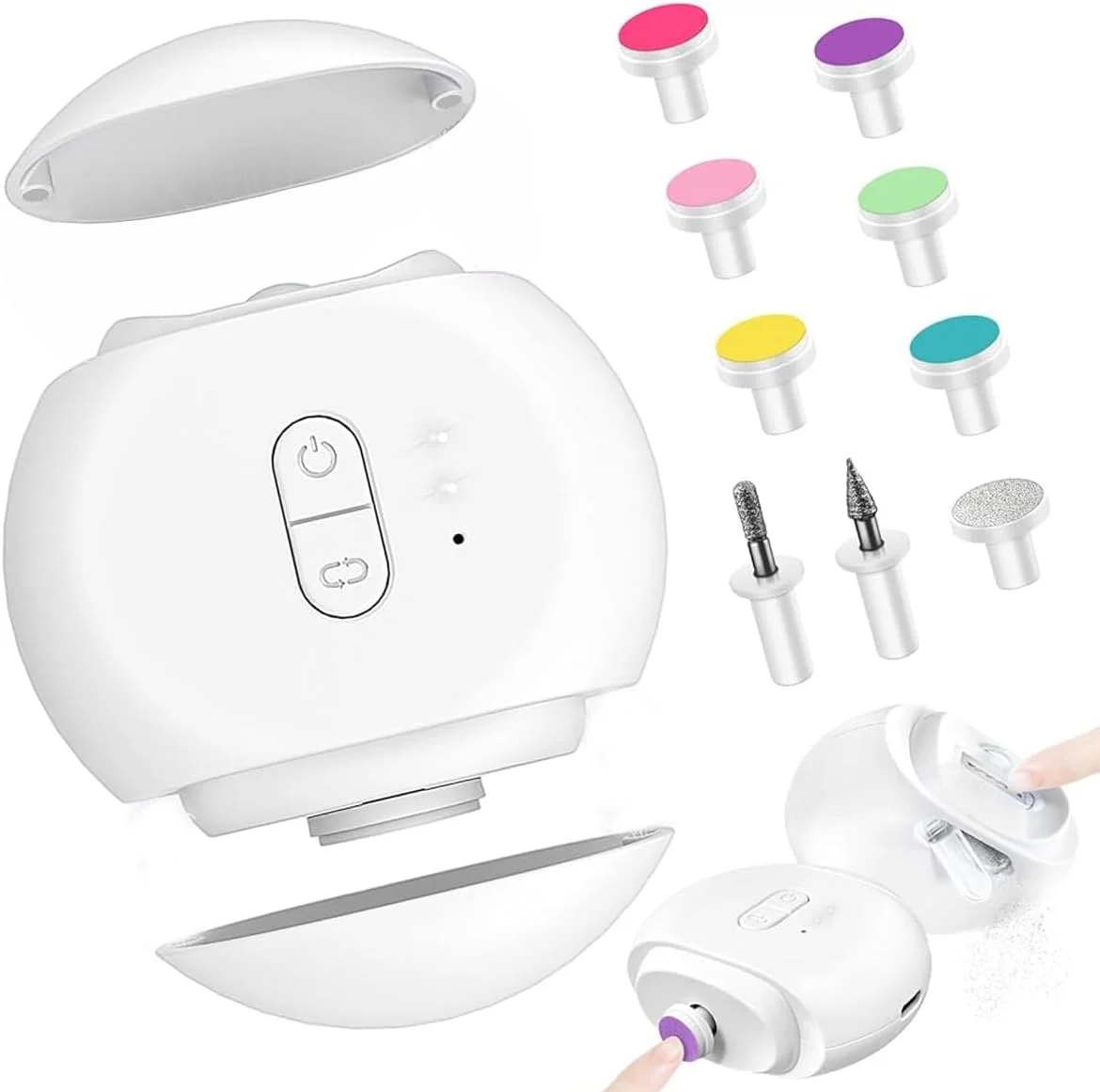 ناخن گیر برقی 2 در 1، سوهان ناخن برقی، ناخن گیر کودک با چراغ LED، تریمر ناخن بی سیم USB با سرهای سوهان ناخن و مته های ناخن برای کودک و بزرگسال