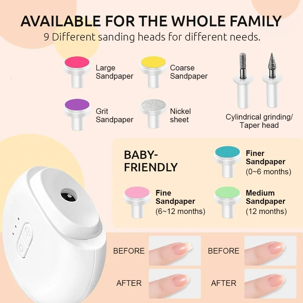 ناخن گیر برقی 2 در 1، سوهان ناخن برقی، ناخن گیر کودک با چراغ LED، تریمر ناخن بی سیم USB با سرهای سوهان ناخن و مته های ناخن برای کودک و بزرگسال