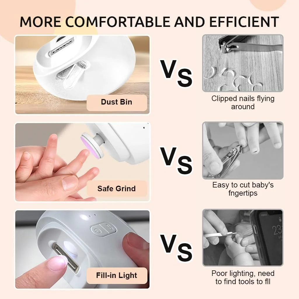 ناخن گیر برقی 2 در 1، سوهان ناخن برقی، ناخن گیر کودک با چراغ LED، تریمر ناخن بی سیم USB با سرهای سوهان ناخن و مته های ناخن برای کودک و بزرگسال