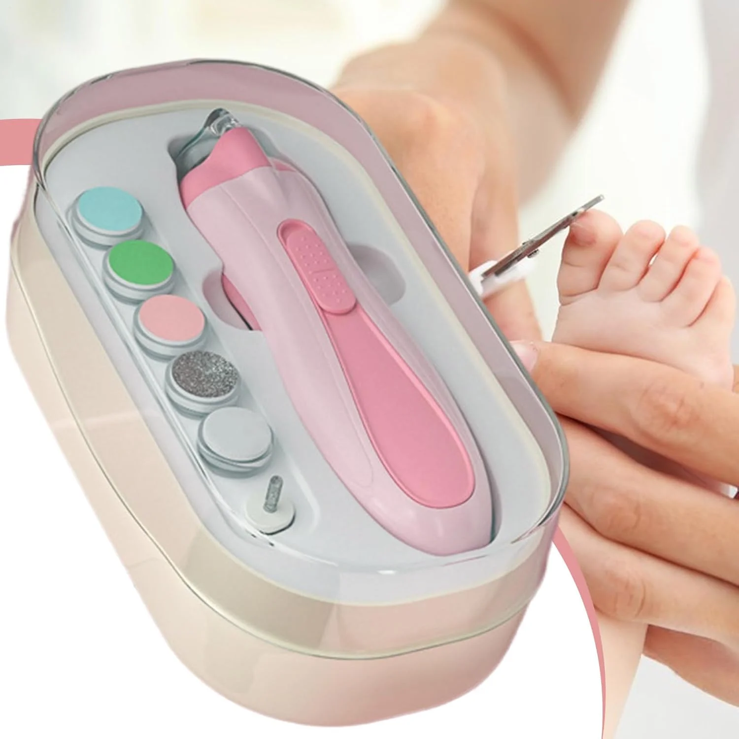 سوهان ناخن برقی کودک - ست مانیکور و بافر ناخن با چراغ LED و عملکرد با باتری، مناسب استفاده روزانه برای نوزادان دختر و پسر