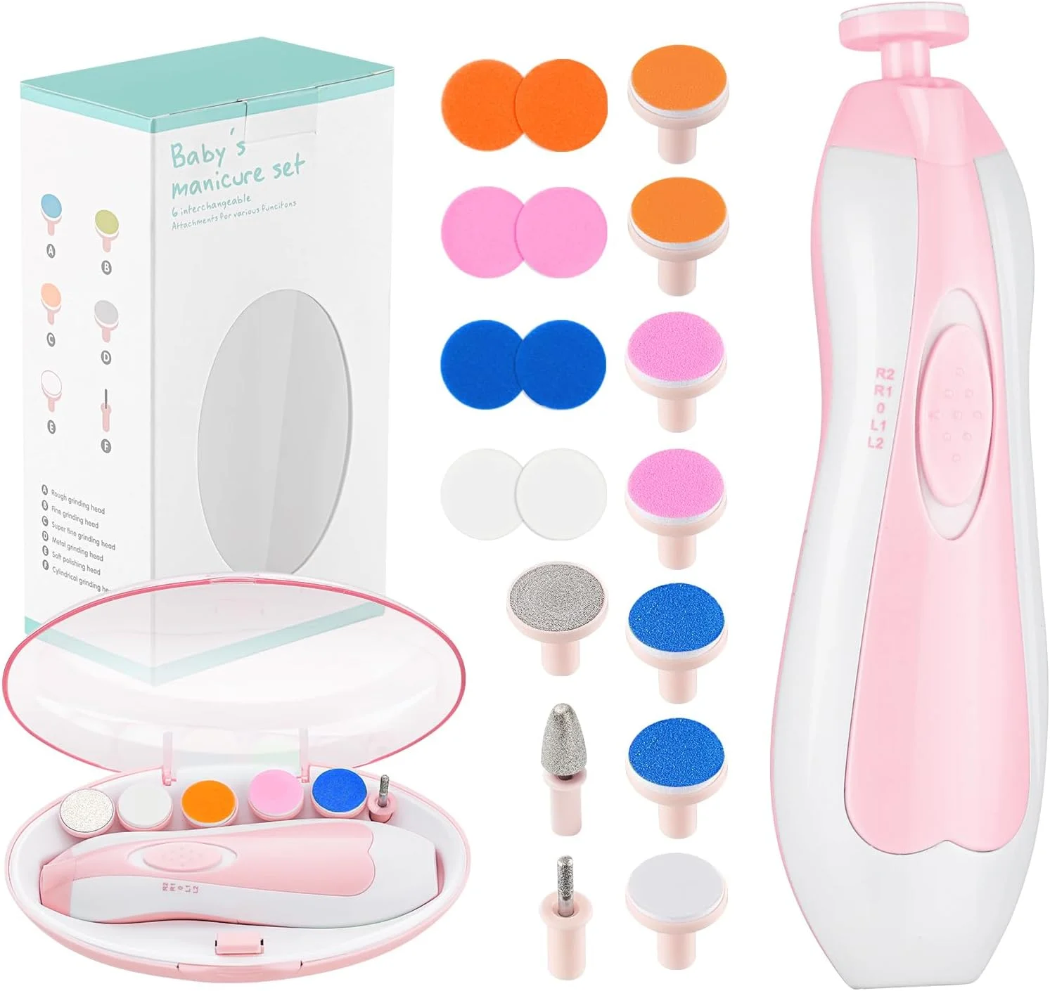 سوهان ناخن کودک Zooawa، ابزار ایمن و برقی برای مراقبت از ناخن، ست مانیکور و پیرایش ناخن برای نوزادان و کودکان نوپا، مناسب برای انگشتان دست و پا، دارای چراغ LED، با باتری AA، صورتی