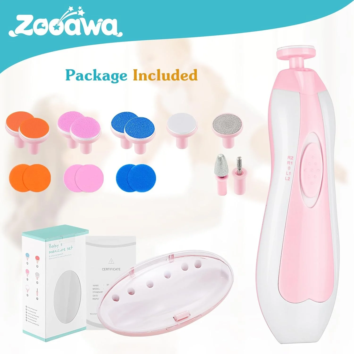 سوهان ناخن کودک Zooawa، ابزار ایمن و برقی برای مراقبت از ناخن، ست مانیکور و پیرایش ناخن برای نوزادان و کودکان نوپا، مناسب برای انگشتان دست و پا، دارای چراغ LED، با باتری AA، صورتی