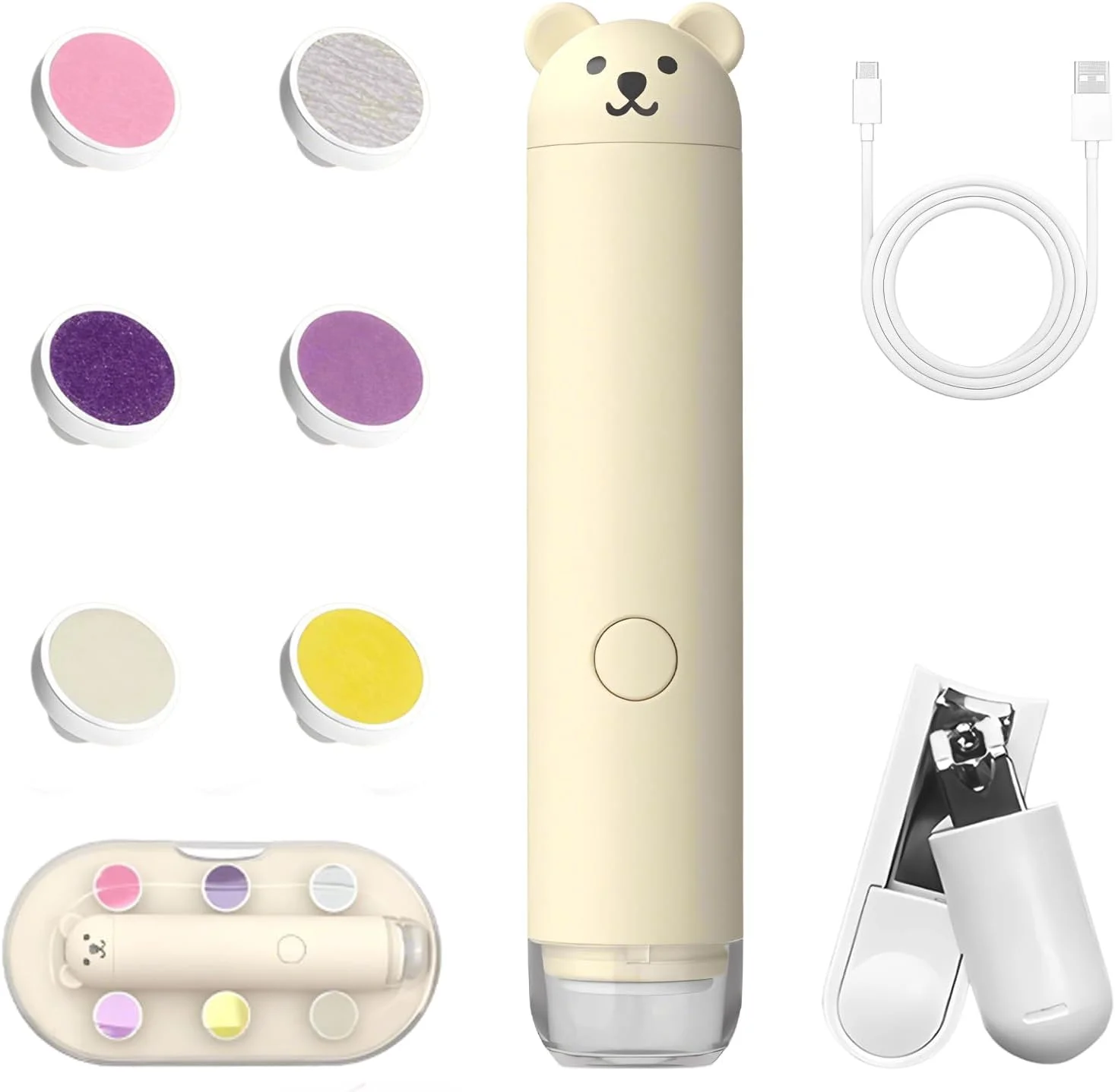 سوهان ناخن برقی کودک، ست مانیکور با شارژ USB شامل 6 سری سمباده و چراغ LED، ایمن برای نوزادان، کودکان و بزرگسالان (زرد)