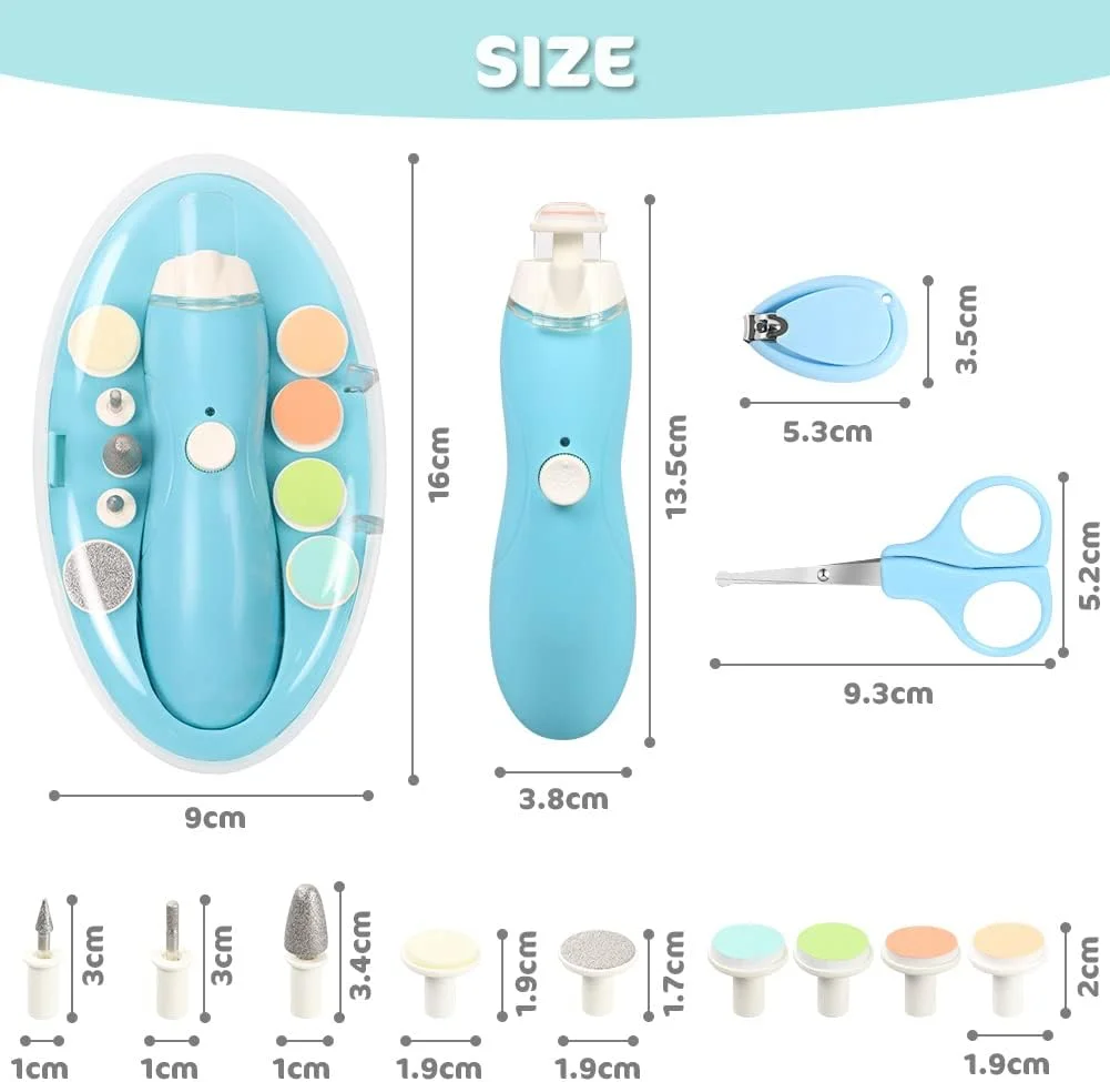 سوهان ناخن کودک Vicloon، ست مانیکور و ناخن گیر برقی با چراغ LED و طراحی فوق العاده آرام، کیت ناخن گیر کودک با 13 سری سنگ زنی و 1 ناخن گیر برای نوزاد یا بانوان (آبی)