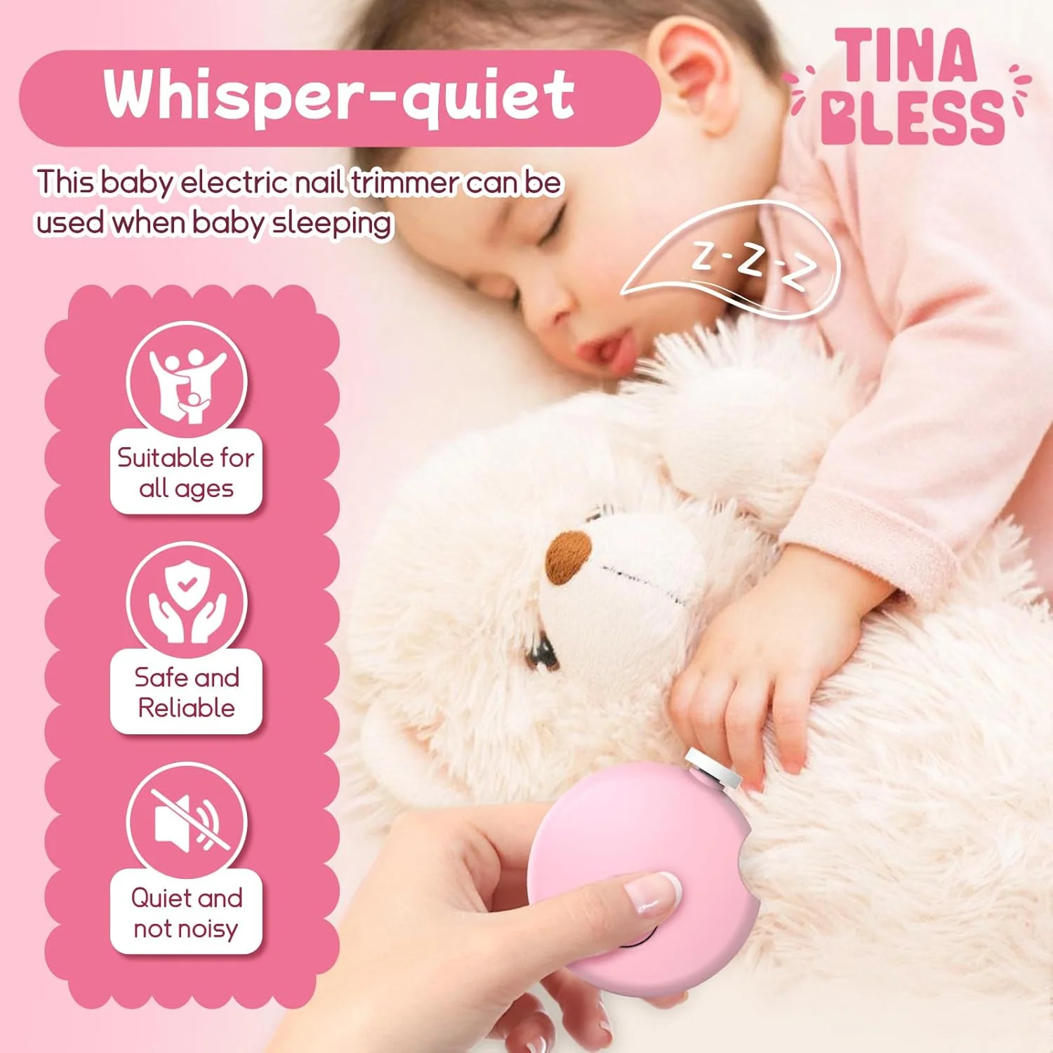 سوهان ناخن برقی کودک، سوهان ناخن کودک Tinabless، ست مانیکور 6 در 1 برای کودکان نوپا یا بزرگسالان (صورتی)