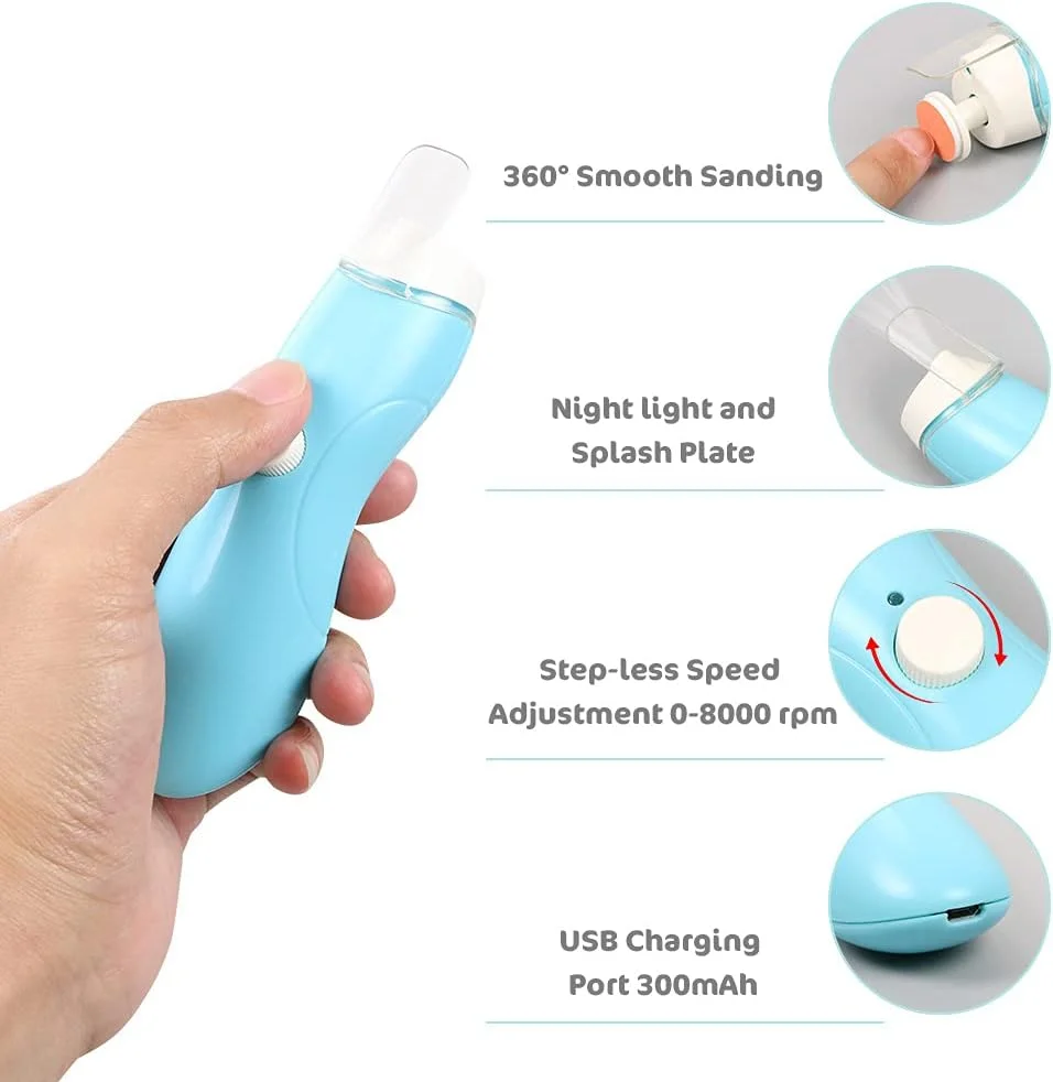 سوهان ناخن کودک Vicloon، ست مانیکور و ناخن گیر برقی با چراغ LED و طراحی فوق العاده آرام، کیت ناخن گیر کودک با 13 سری سنگ زنی و 1 ناخن گیر برای نوزاد یا بانوان (آبی)