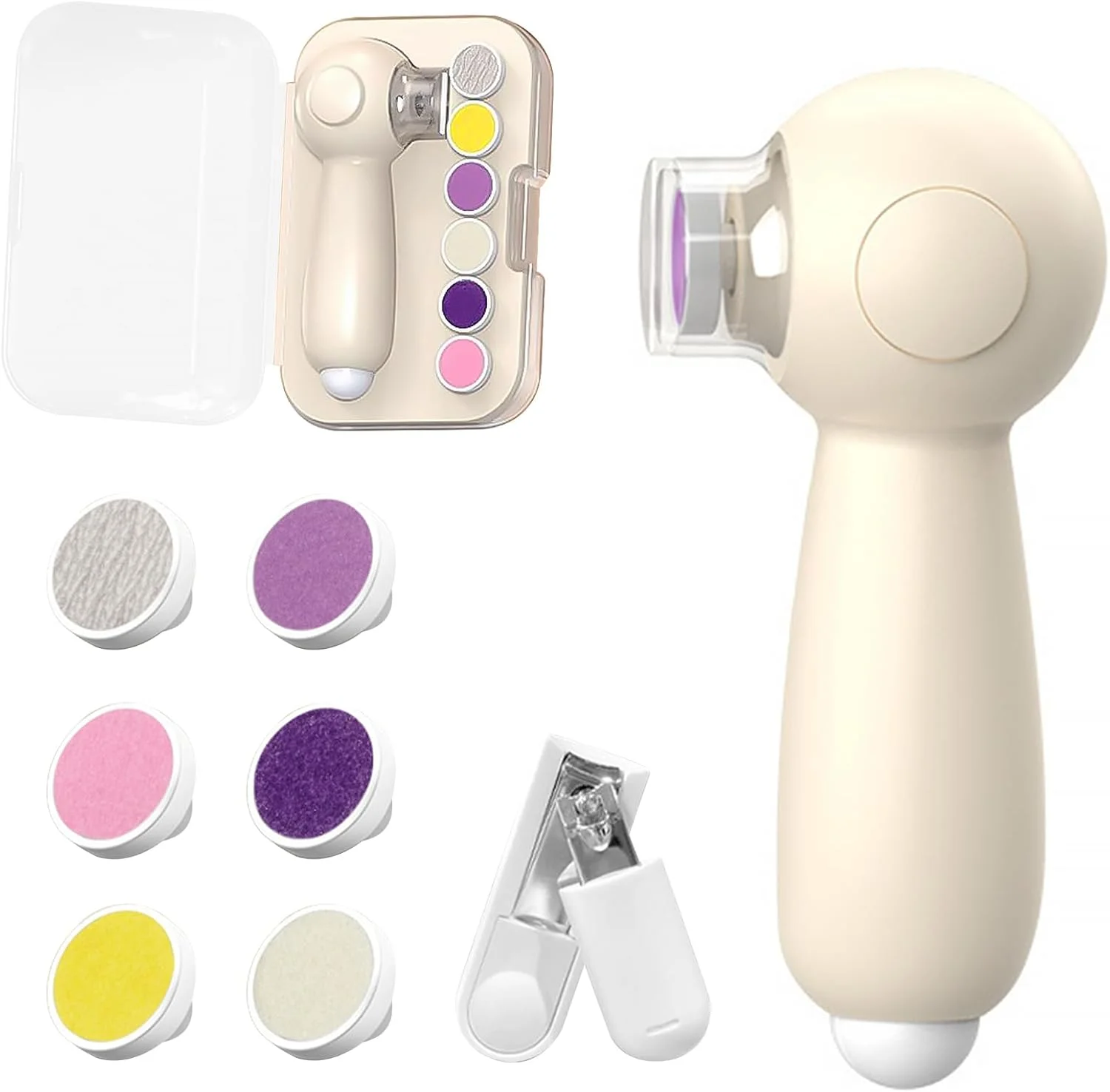 سوهان ناخن برقی کودک، ناخن گیر ایمن کودک با چراغ LED ملایم، ست 8 در 1 قابل شارژ، 6 سری سمباده برای نوزادان، کودکان نوپا