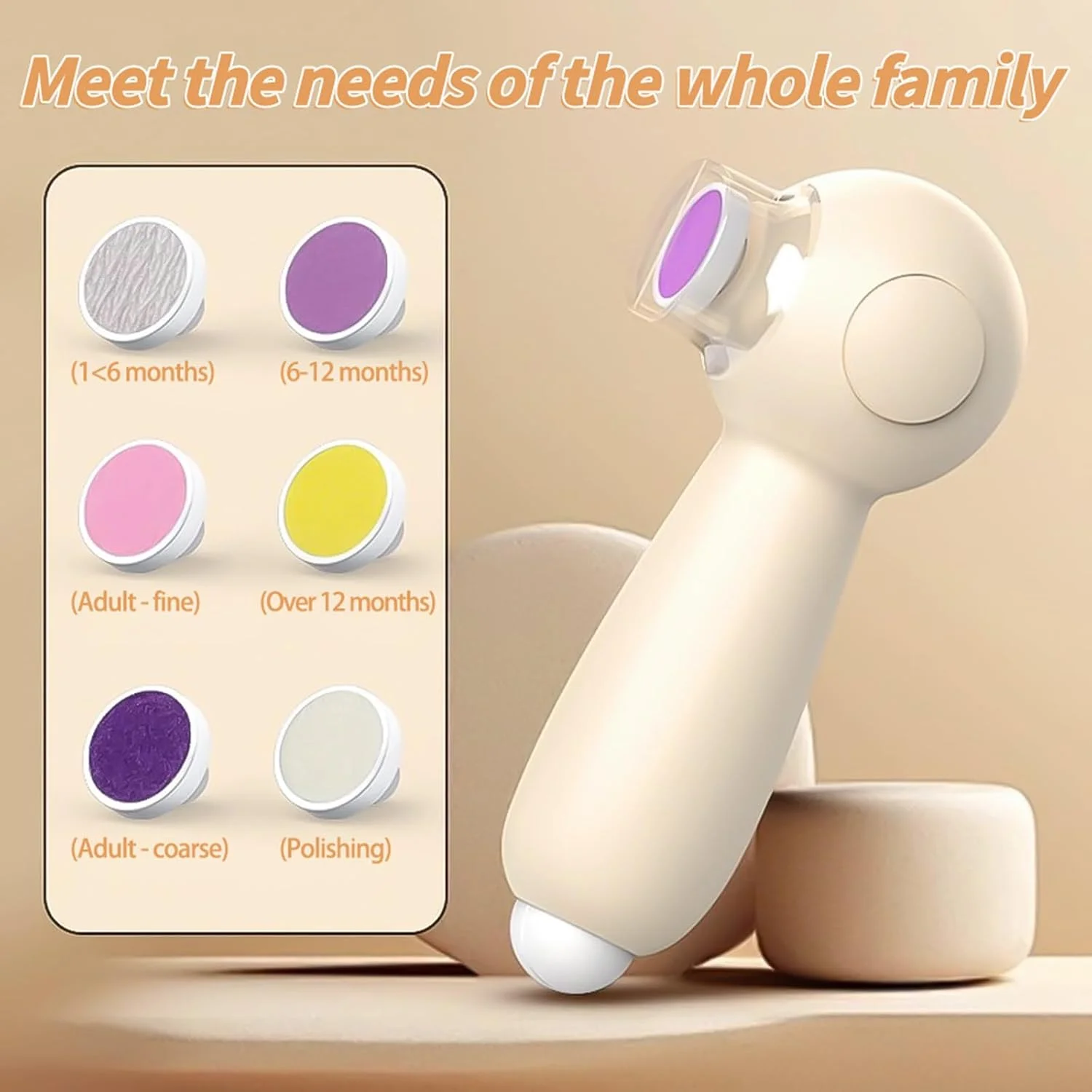 سوهان ناخن برقی کودک، ناخن گیر ایمن کودک با چراغ LED ملایم، ست 8 در 1 قابل شارژ، 6 سری سمباده برای نوزادان، کودکان نوپا