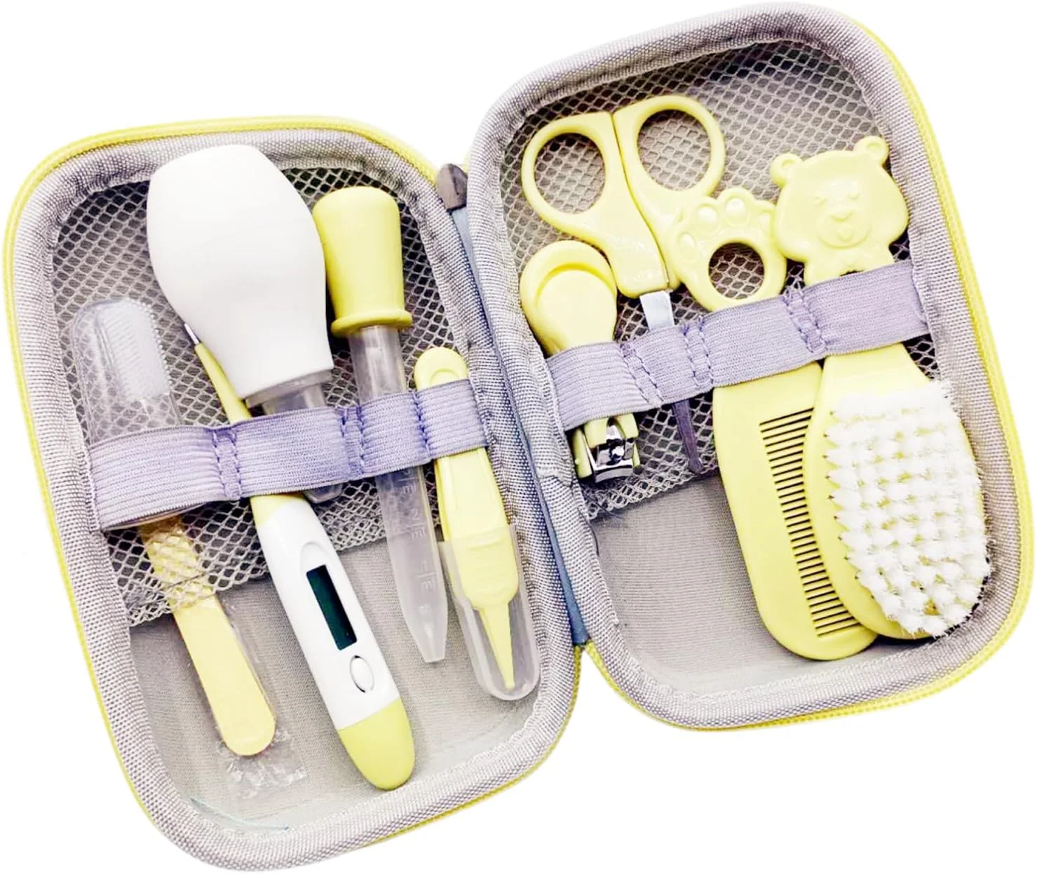 مجموعه مراقبت بهداشتی و زیبایی نوزاد قابل حمل، ناخن گیر با سوهان نوری، قیچی ناخن برقی، برس مو، قاشق اندازه گیری، بدون مواد مضر، ایمن برای نوزاد پسر و دختر، کیت مراقبت روزانه (10 تکه - زرد)