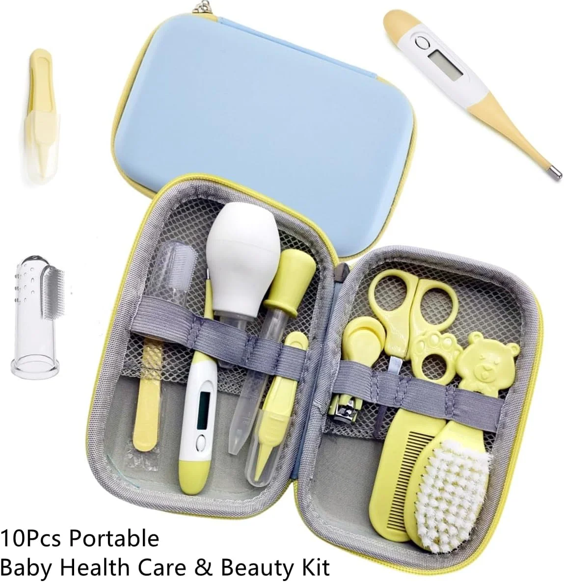 مجموعه مراقبت بهداشتی و زیبایی نوزاد قابل حمل، ناخن گیر با سوهان نوری، قیچی ناخن برقی، برس مو، قاشق اندازه گیری، بدون مواد مضر، ایمن برای نوزاد پسر و دختر، کیت مراقبت روزانه (10 تکه - زرد)