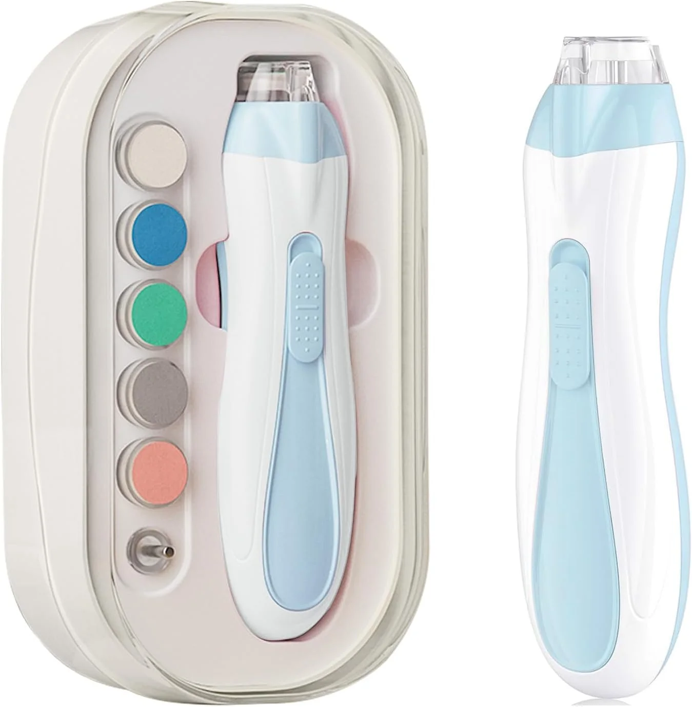 ست ناخن گیر برقی نوزاد، سوهان ناخن ملایم کودک با چراغ LED، دارای 6 سری سمباده، عملکرد بی صدا، طراحی ضد گرد و غبار برای مراقبت از نوزاد، کودک نوپا و بزرگسالان، آبی