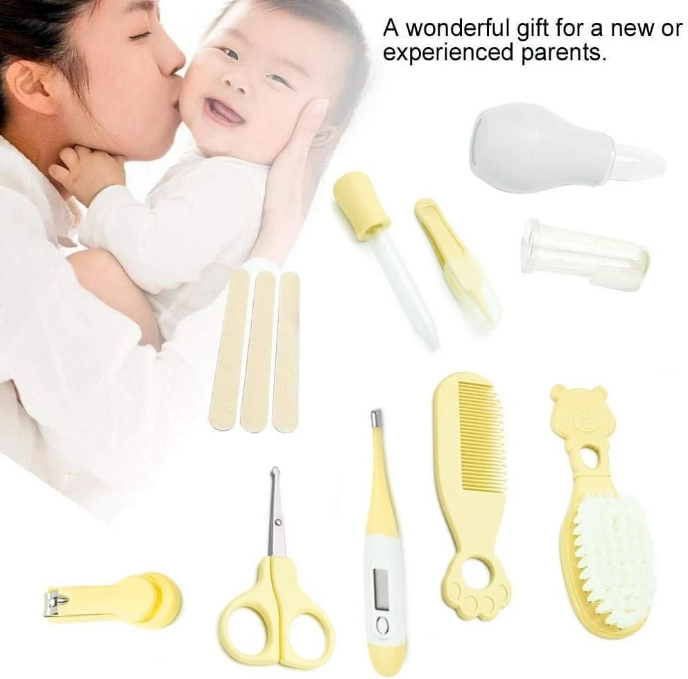 مجموعه مراقبت بهداشتی و زیبایی نوزاد قابل حمل، ناخن گیر با سوهان نوری، قیچی ناخن برقی، برس مو، قاشق اندازه گیری، بدون مواد مضر، ایمن برای نوزاد پسر و دختر، کیت مراقبت روزانه (10 تکه - زرد)