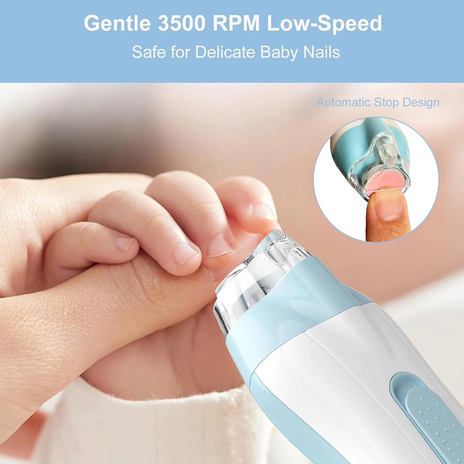 ست ناخن گیر برقی نوزاد، سوهان ناخن ملایم کودک با چراغ LED، دارای 6 سری سمباده، عملکرد بی صدا، طراحی ضد گرد و غبار برای مراقبت از نوزاد، کودک نوپا و بزرگسالان، آبی