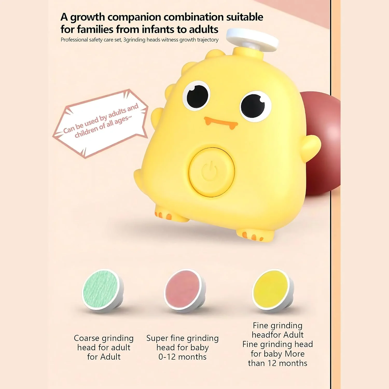 سوهان ناخن برقی کودک - ارگونومیک و بی صدا با 3 سری سمباده ایمن، طراحی بی خطر برای ناخن های دست و پای نوزادان، طرح کارتونی (کرمی)