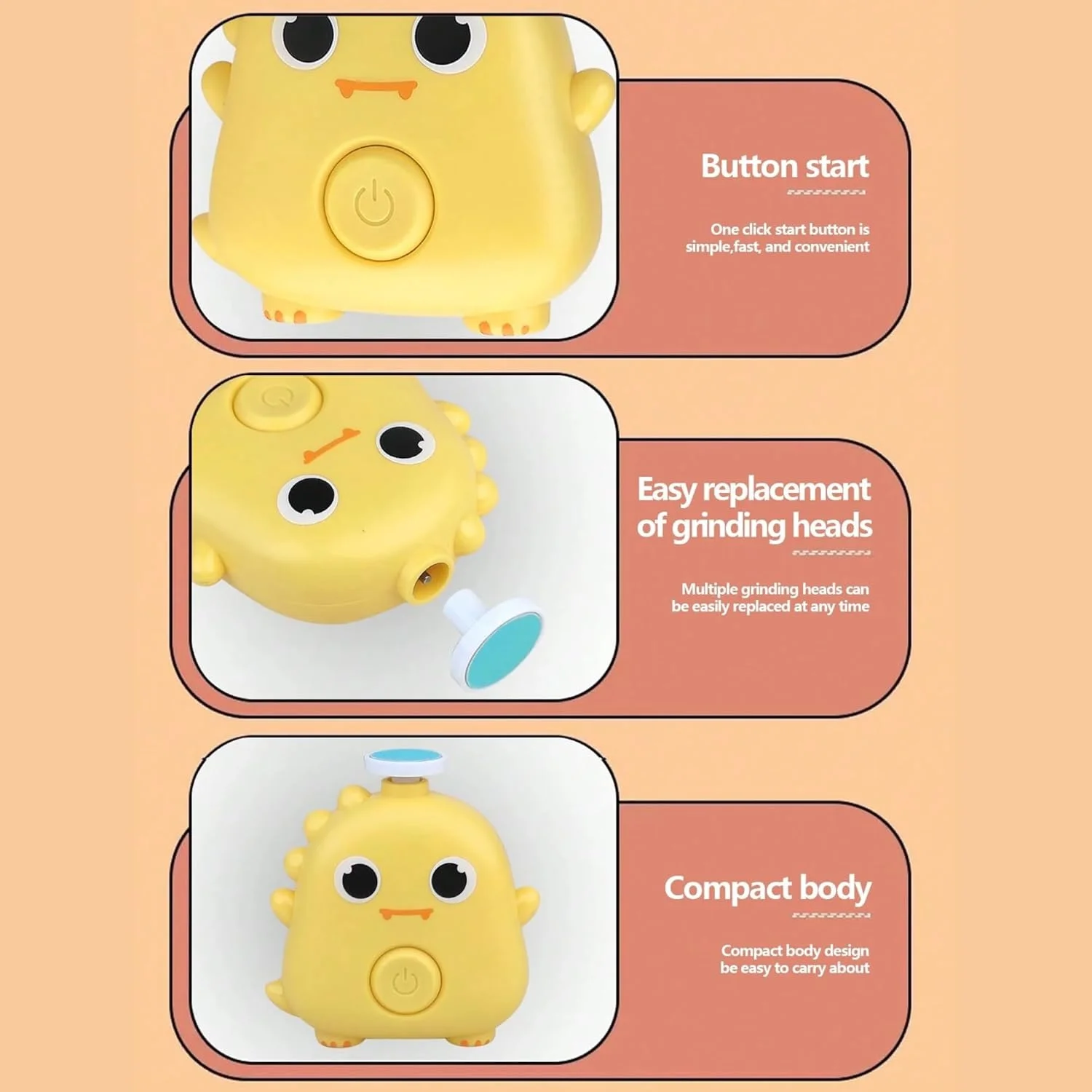 سوهان ناخن برقی کودک - ارگونومیک و بی صدا با 3 سری سمباده ایمن، طراحی بی خطر برای ناخن های دست و پای نوزادان، طرح کارتونی (کرمی)