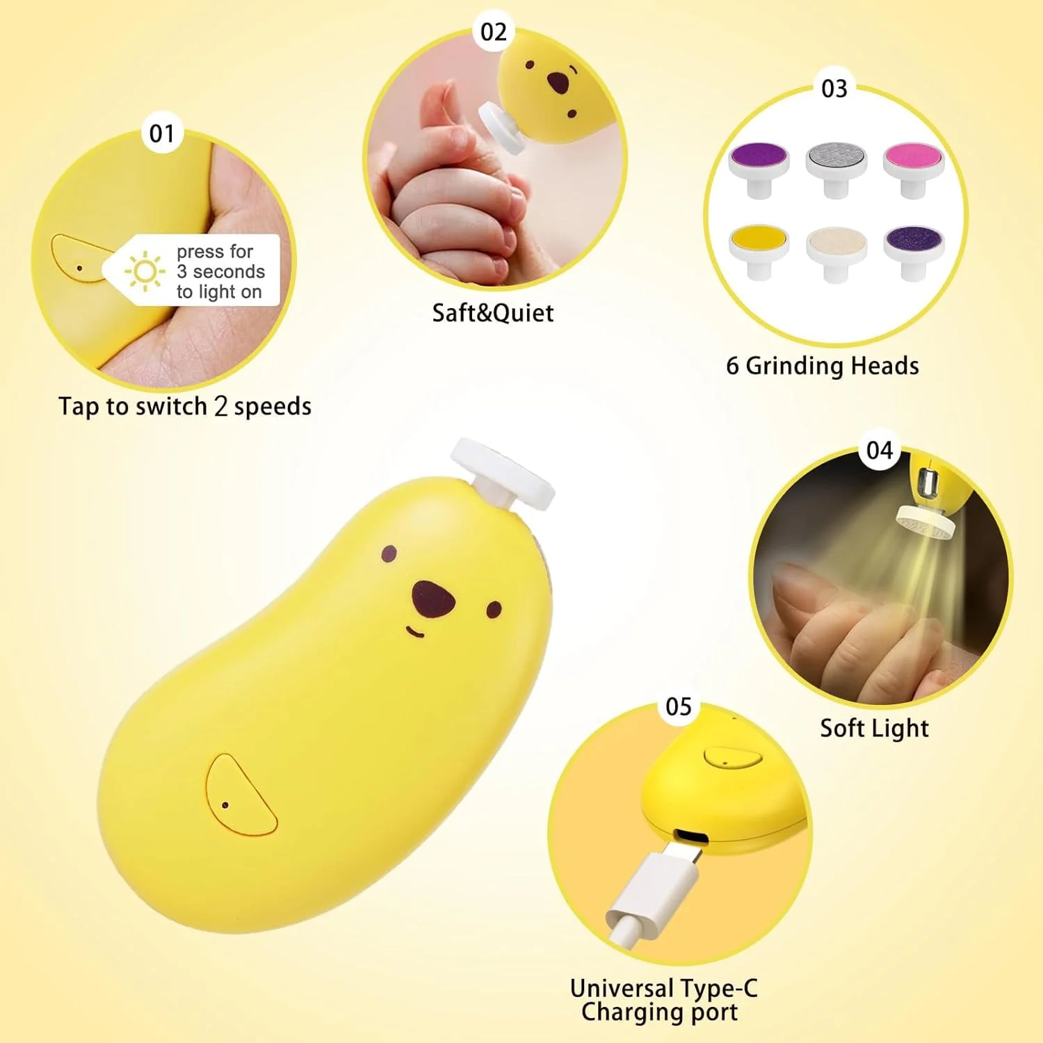 سوهان ناخن برقی BIGTHREE، سوهان ناخن کودک، ست مانیکور 6 در 1، 2 سرعته با نور ملایم، سوهان ناخن برای کودکان و بزرگسالان