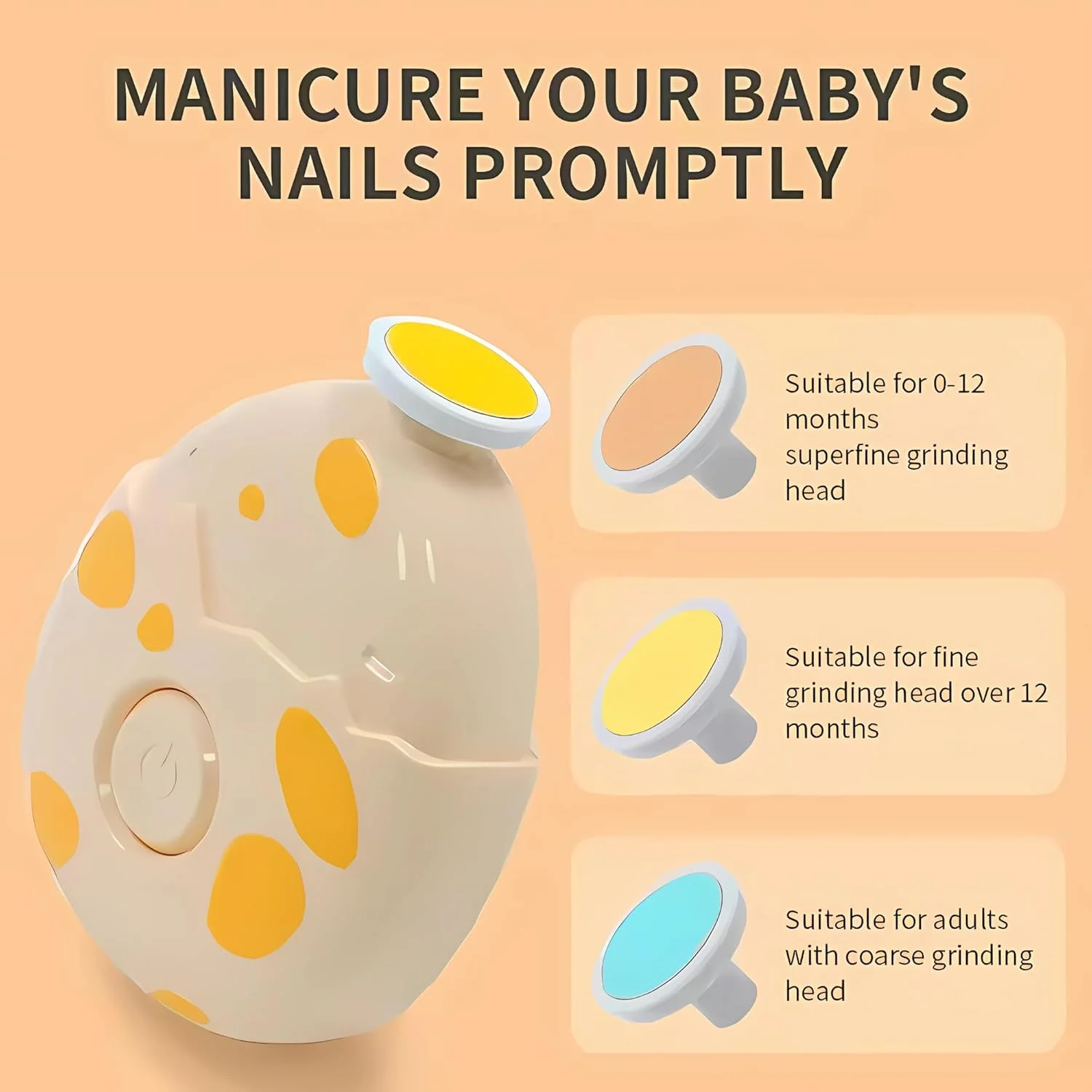 ست سوهان ناخن برقی کودک - ارگونومیک، سوهان ناخن بی صدا با 3 سری سنگ زنی ایمن، طراحی بی خطر برای ناخن های دست و پای نوزادان، طرح تخم دایناسور (زرد)