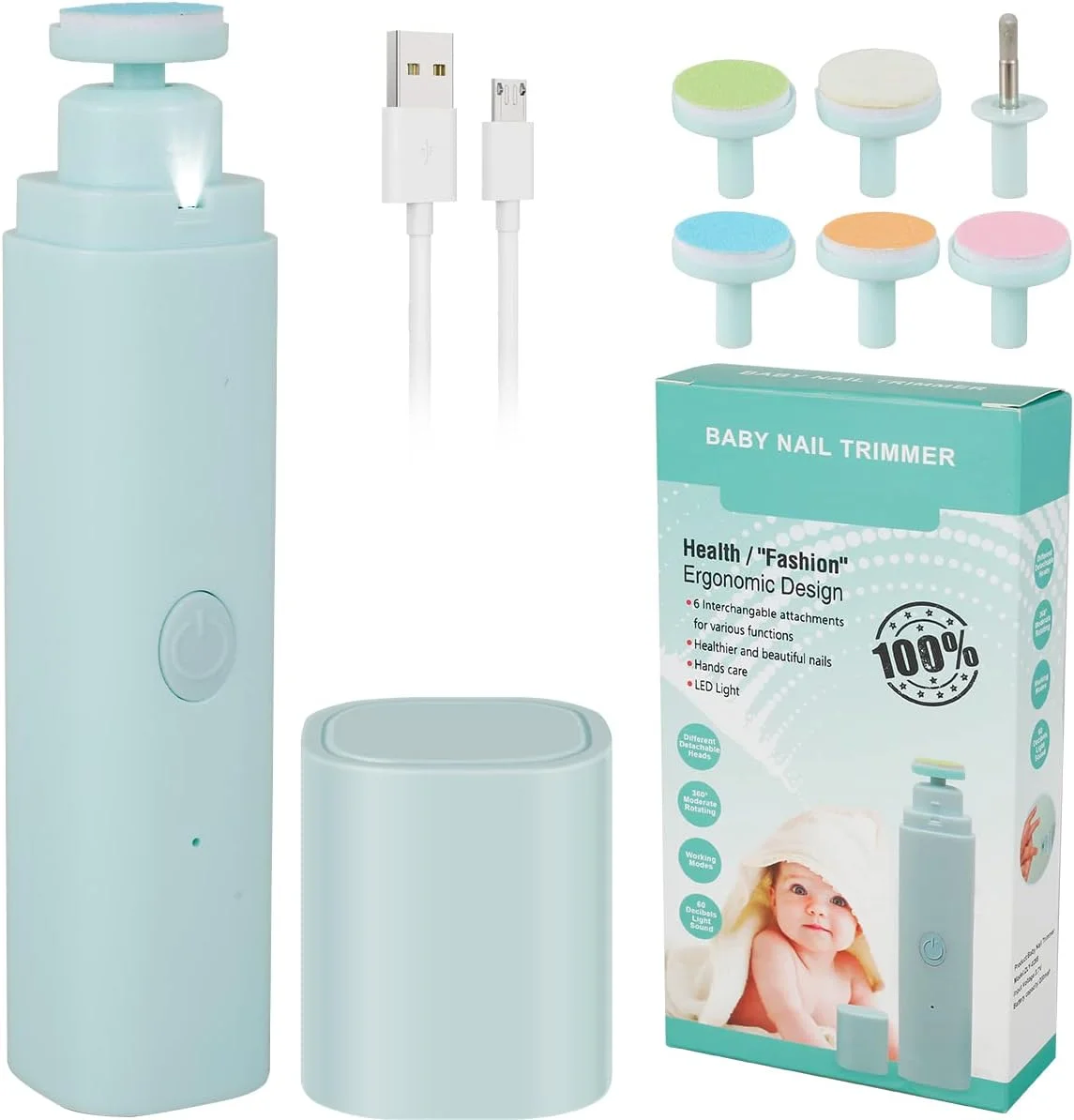 سوهان ناخن نوزاد برقی با 6 سری سمباده، قابل شارژ، امن با چراغ LED، مینی قابل حمل برای نوزادان و بزرگسالان
