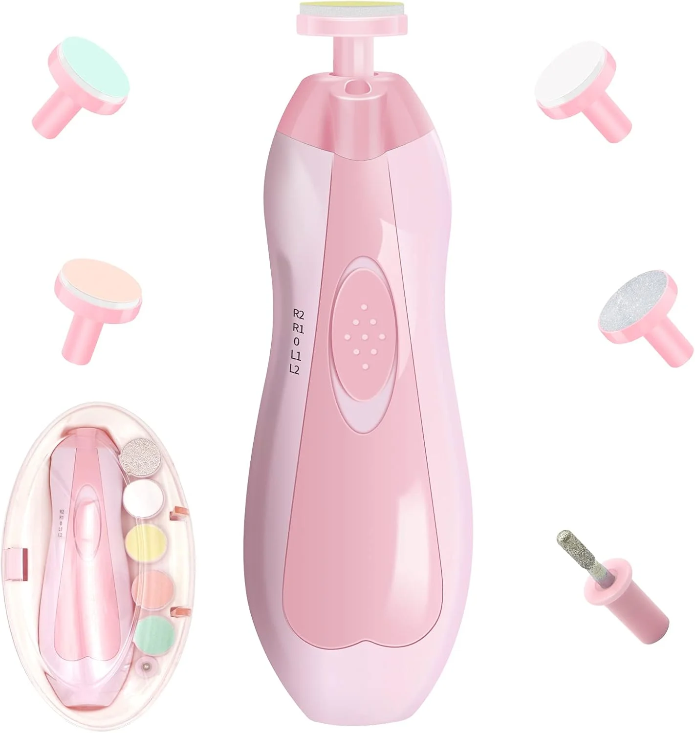 سوهان ناخن کودک Govvay، سوهان ناخن برقی کودک با چراغ جلوی LED، ناخن گیر ایمن و بی صدا کودک با 6 سر سنگ زنی برای نوزاد، کودک نوپا، بچه ها یا زنان (صورتی)