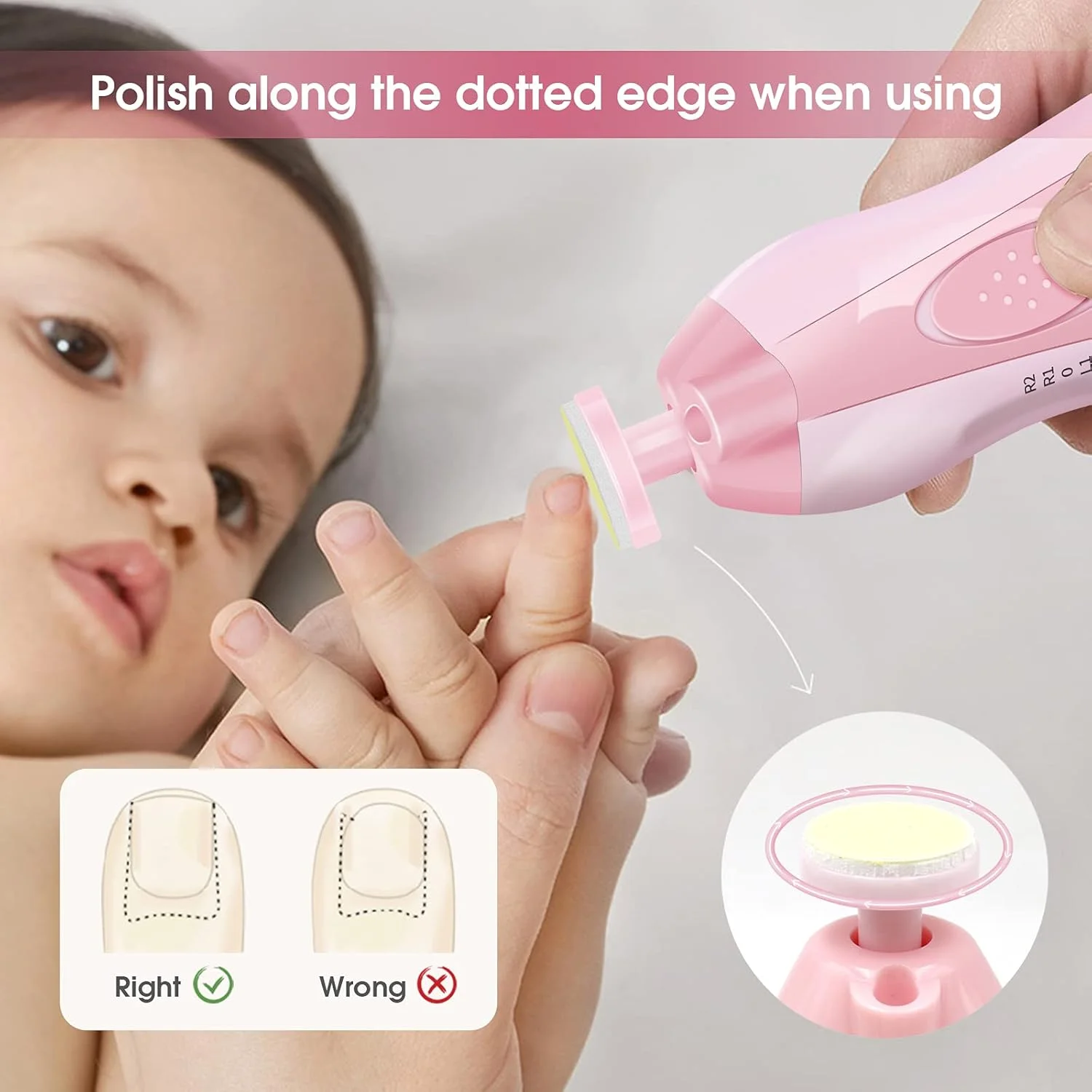 سوهان ناخن کودک Govvay، سوهان ناخن برقی کودک با چراغ جلوی LED، ناخن گیر ایمن و بی صدا کودک با 6 سر سنگ زنی برای نوزاد، کودک نوپا، بچه ها یا زنان (صورتی)