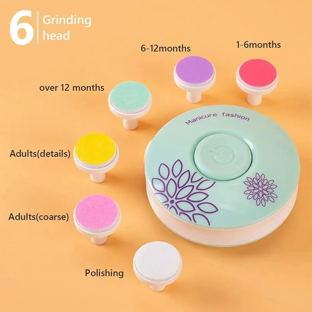 سوهان ناخن برقی کودک، ناخن گیر ایمن کودک، ست مانیکور و اصلاح ناخن کودک، با 6 سری سنگ زنی قابل تعویض، برای کودکان و بزرگسالان