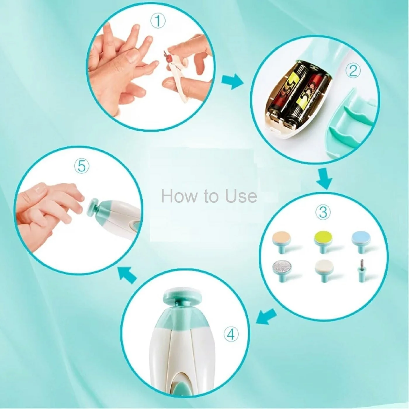 سوهان ناخن برقی کودک، سوهان ناخن ایمن با چراغ LED، دارای سری های مختلف سوهان، سبز روشن