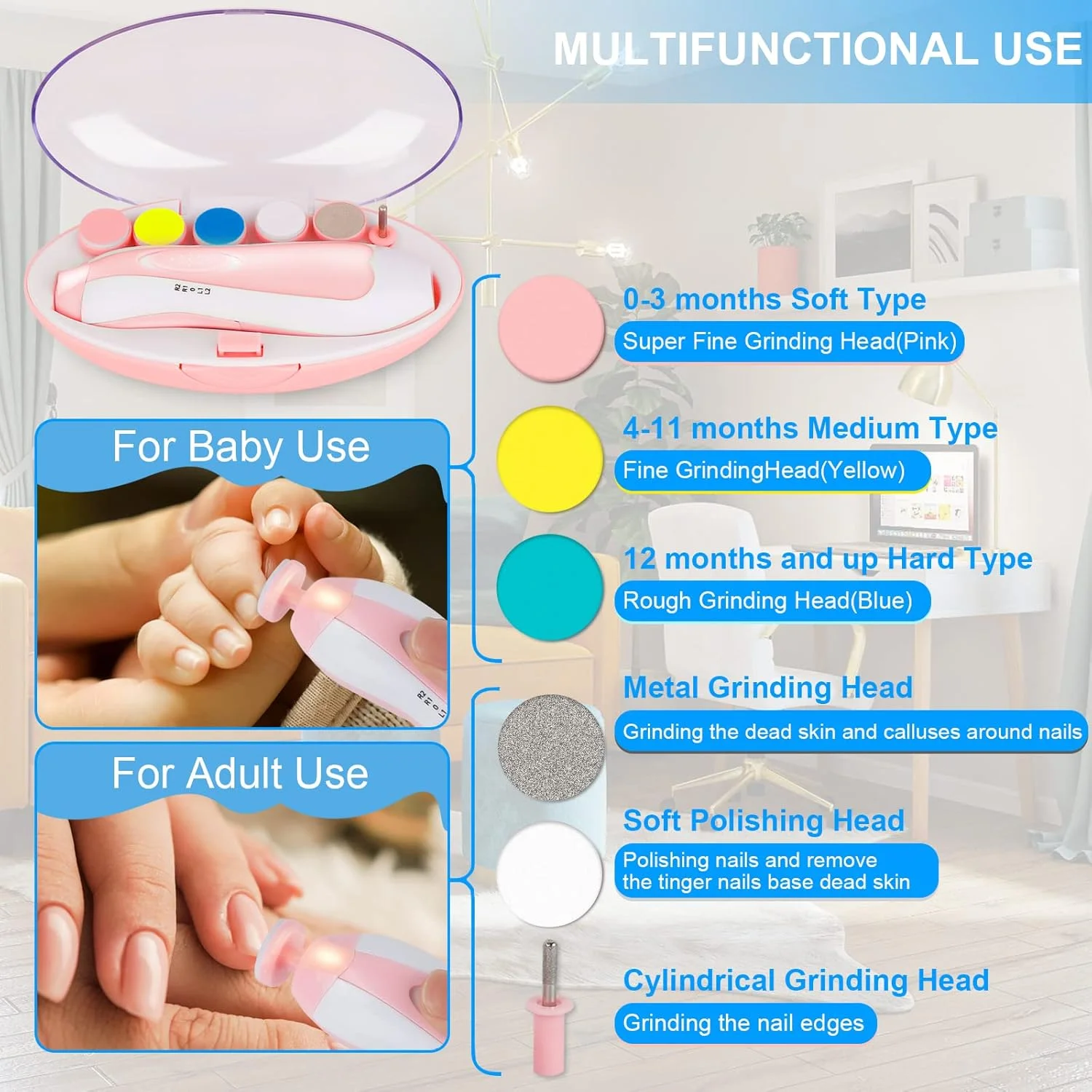 سوهان ناخن برقی کودک تینابلس - ست ایمن ناخن گیر کودک با چراغ LED، کیت 6 سر سنگ زنی برای مراقبت از ناخن نوزاد، کودک نوپا، پولیش و اصلاح (صورتی)