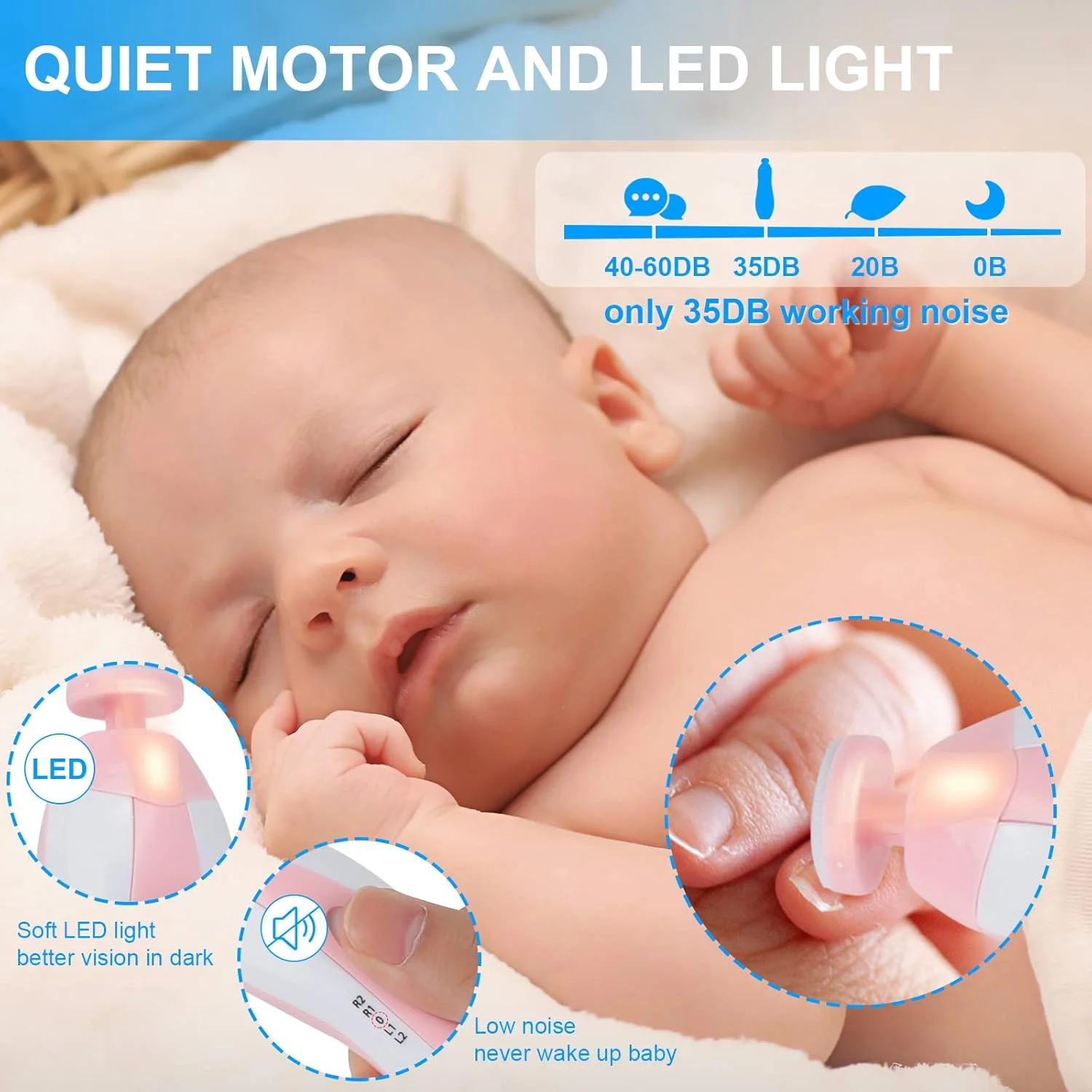 سوهان ناخن برقی کودک تینابلس - ست ایمن ناخن گیر کودک با چراغ LED، کیت 6 سر سنگ زنی برای مراقبت از ناخن نوزاد، کودک نوپا، پولیش و اصلاح (صورتی)