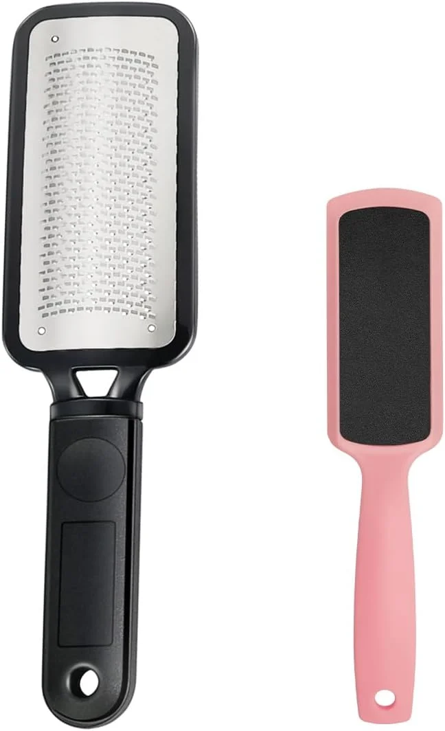 مجموعه سوهان پا برای از بین بردن پینه | سوهان دو طرفه پا برای پاشنه های خشک، پینه بسته و ترک خورده | ابزار لایه بردار و تراش پاشنه پا از جنس استیل ضد زنگ - 2 عددی