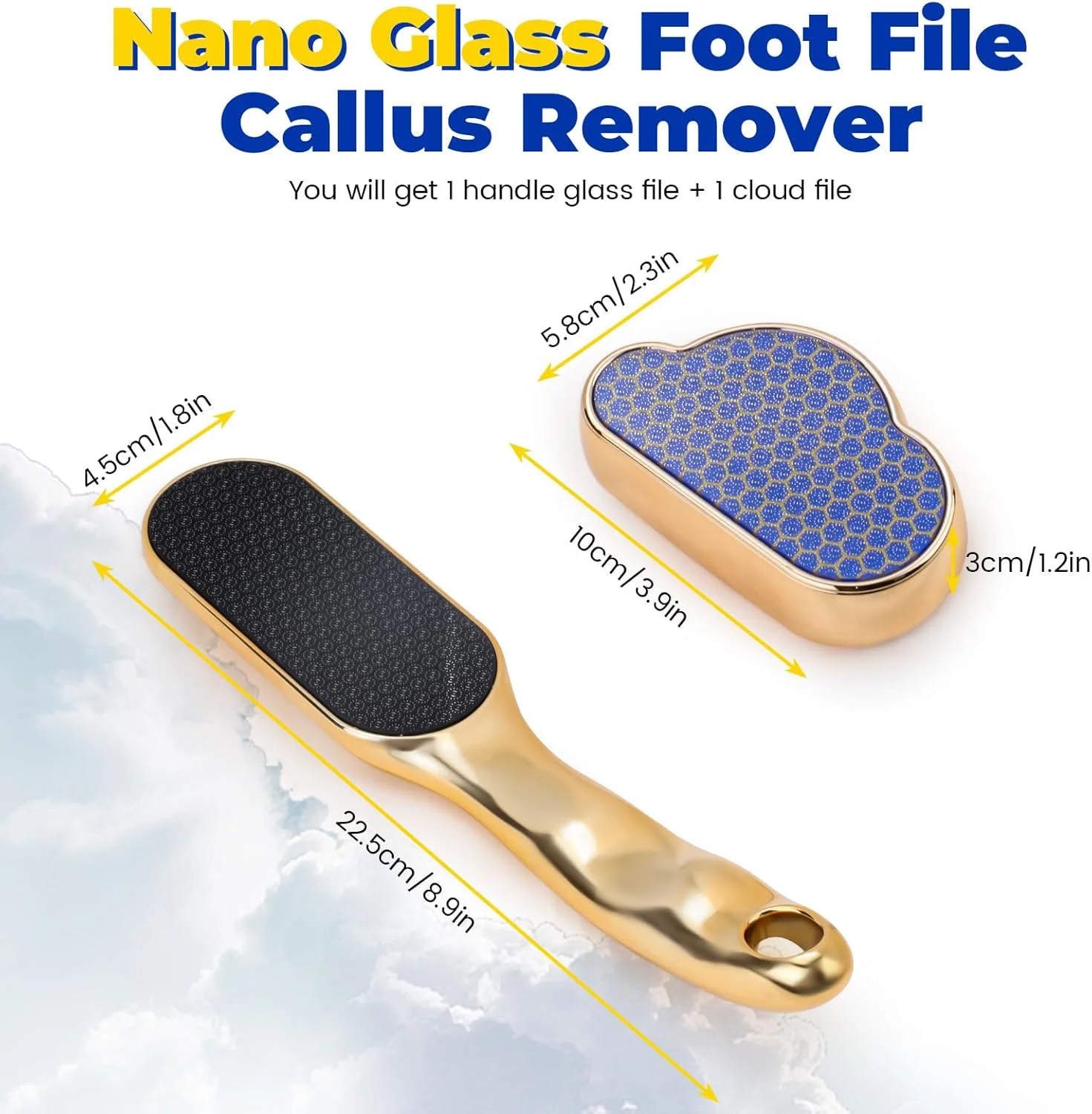سوهان پا شیشه ای نانو Diakey، بسته 2 عددی، از بین برنده پینه، اسکرابر و رنده پا برای پوست های سفت، پاشنه های ترک خورده، ابزار حرفه ای پدیکور و لایه بردار، طلایی