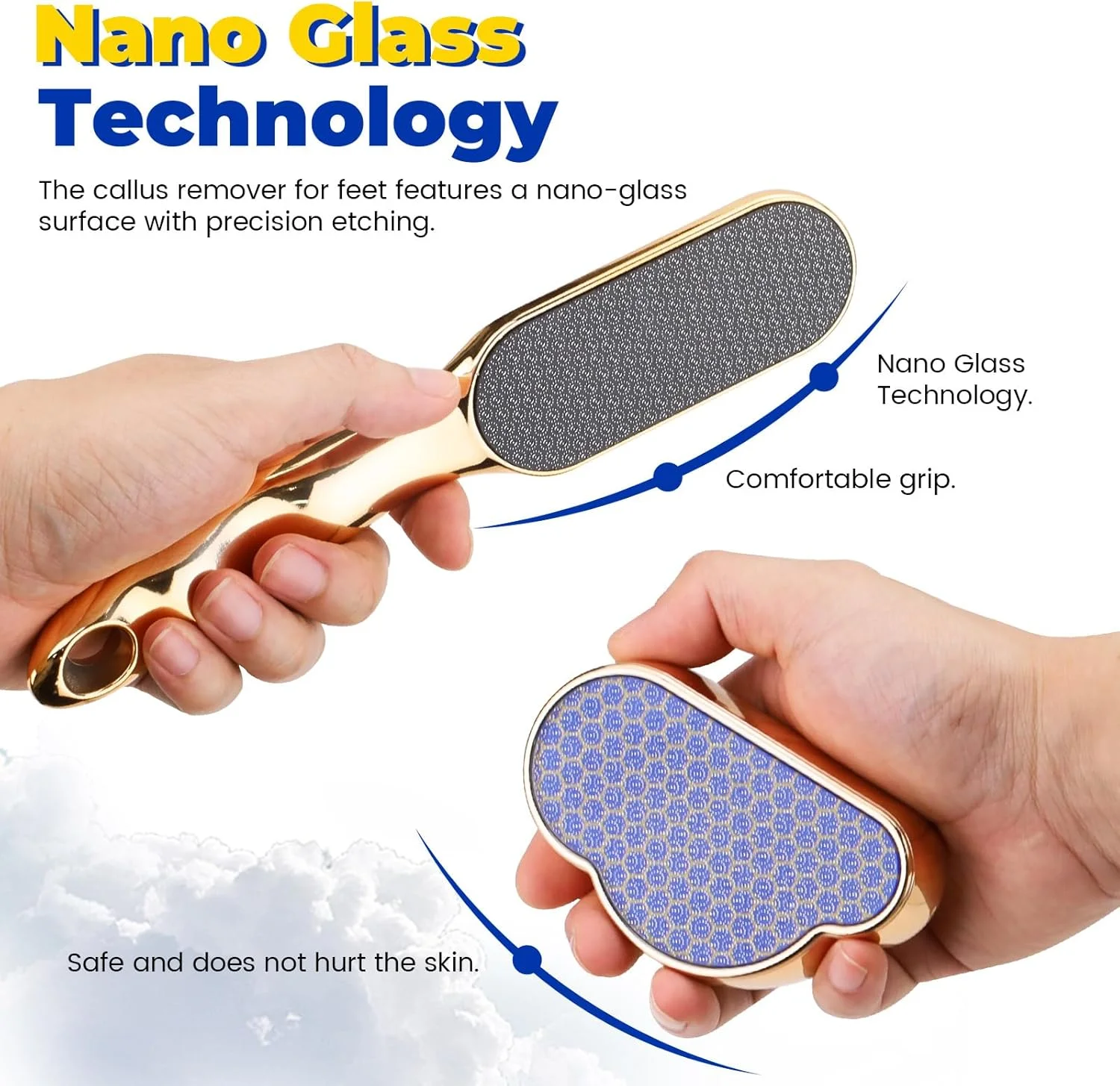 سوهان پا شیشه ای نانو Diakey، بسته 2 عددی، از بین برنده پینه، اسکرابر و رنده پا برای پوست های سفت، پاشنه های ترک خورده، ابزار حرفه ای پدیکور و لایه بردار، طلایی