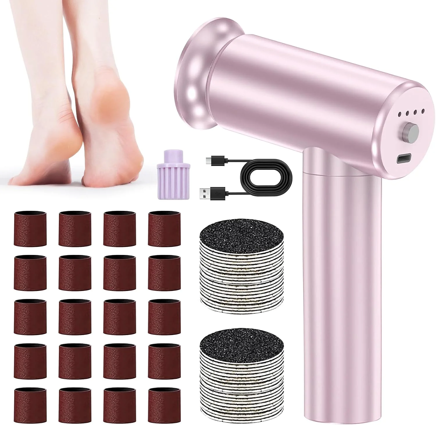 سوهان برقی پا، از بین برنده پینه پا، ابزار حرفه ای پدیکور پا با 60 عدد کاغذ سنباده جایگزین، جهت قابل تنظیم، از بین بردن پوست مرده (صورتی) سوهان برقی پا، از بین برنده پینه پا، ابزار حرفه ای پدیکور پا با 60 عدد کاغذ سنباده جایگزین، جهت قابل تنظیم، از بین بردن پوست مرده (صورتی)