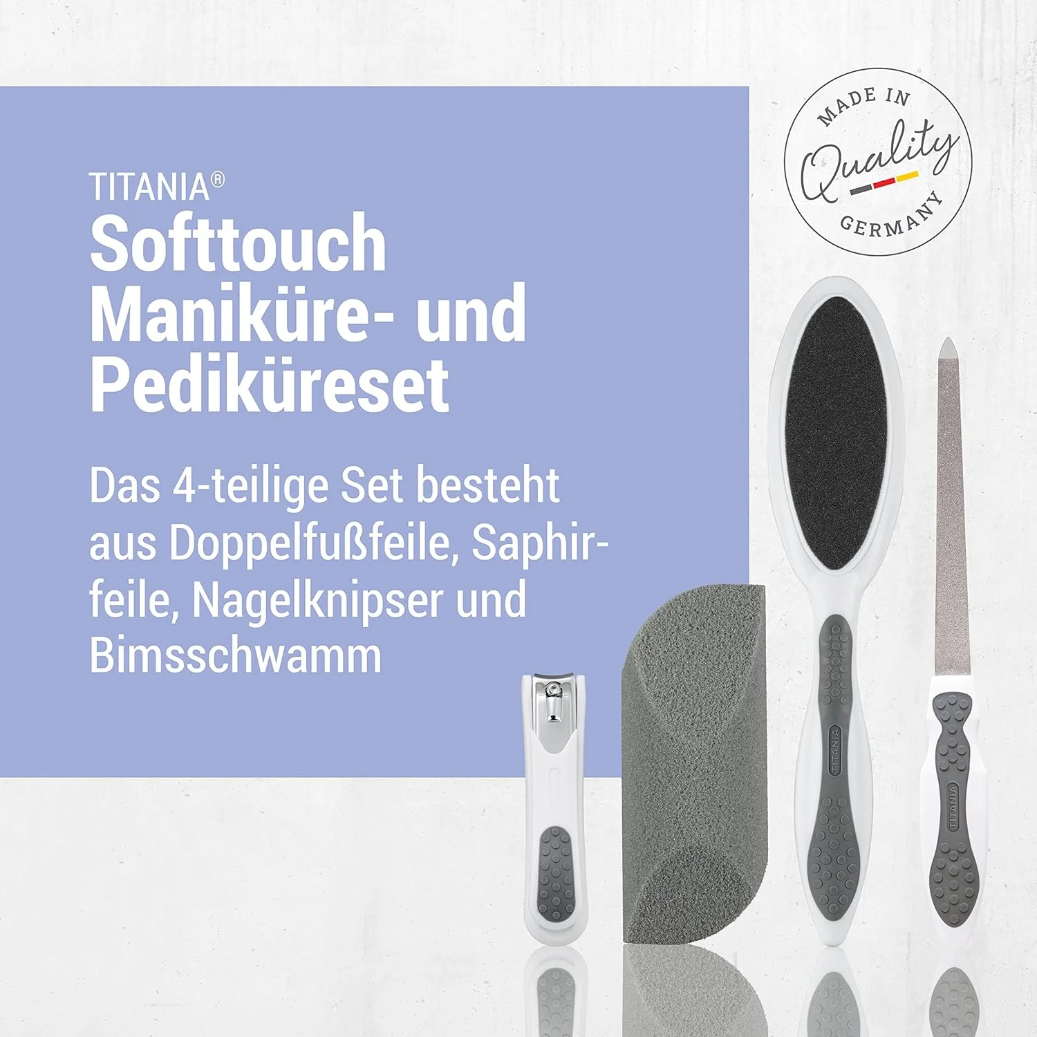 مجموعه مانیکور و پدیکور تیتانیا سافت تاچ (4 تکه) • مجموعه حرفه ای مراقبت از دست و پا • ناخن گیر، سوهان ناخن، سوهان پا و اسفنج سنگ پا • مجموعه مانیکور پدیکور • ساخت آلمان