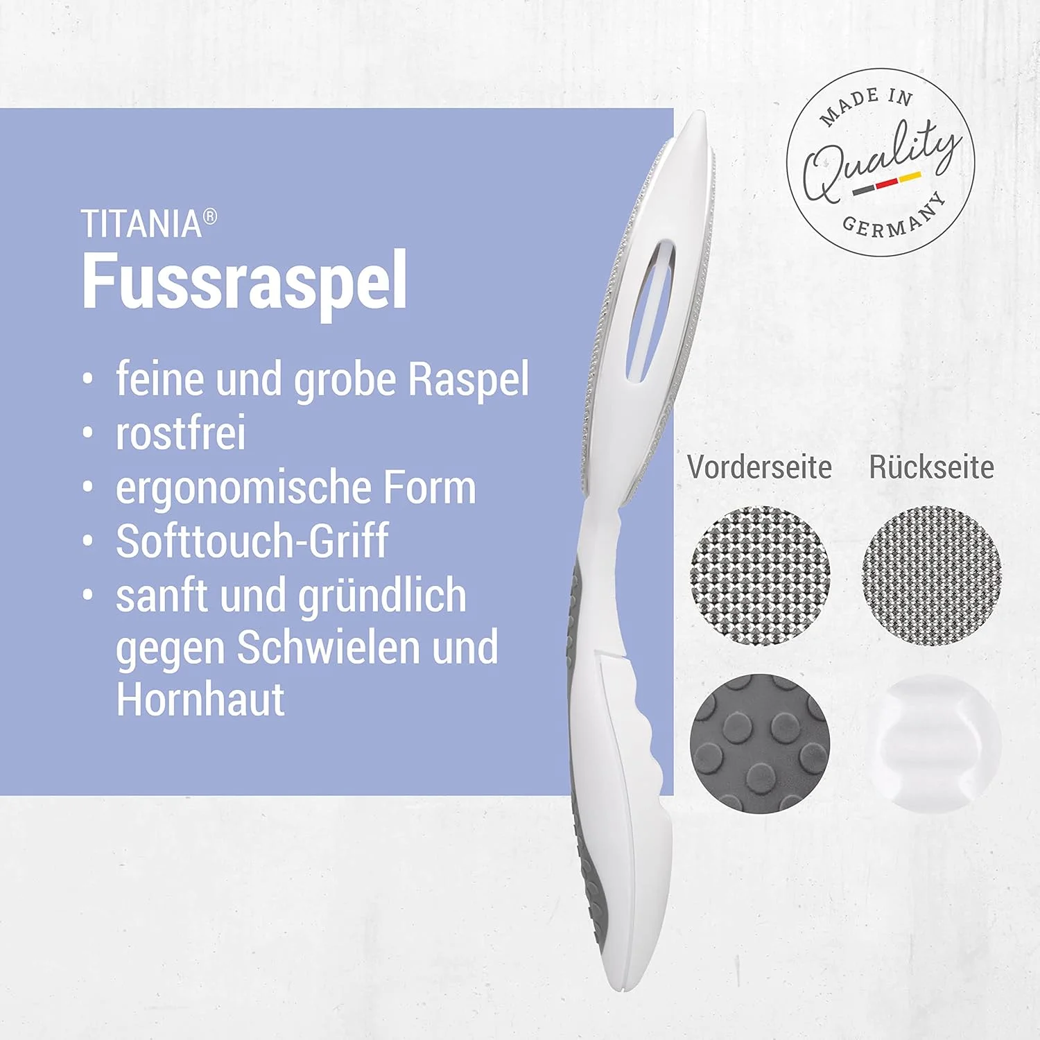 سوهان پا دو طرفه تیتانیا سافت تاچ (زبر و نرم) • سوهان پینه پا با دو طرف زبر و نرم • سوهان دو طرفه پینه • سوهان پا • سوهان مراقبت از پا • ساخت آلمان