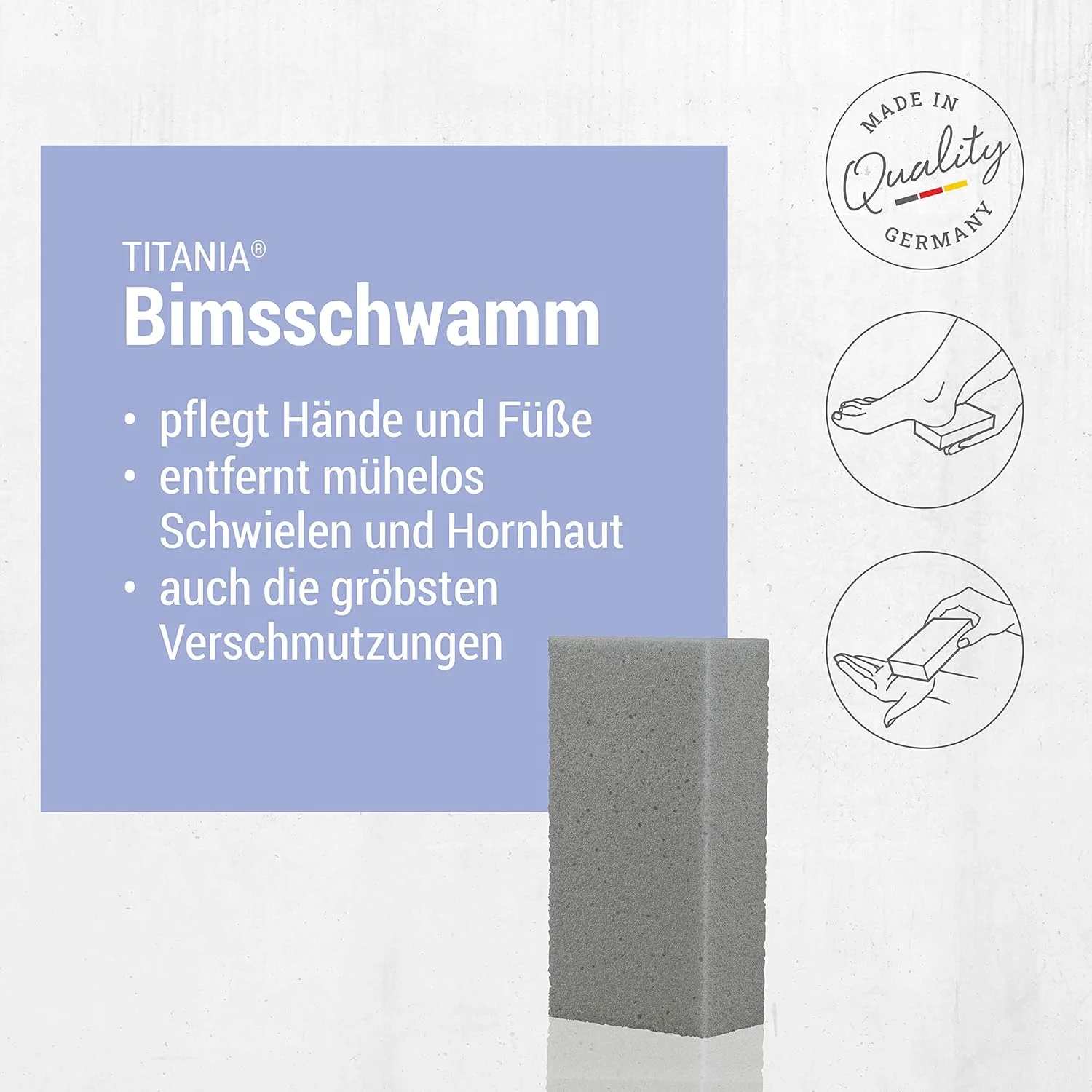 اسفنج سنگ پا تیتانیا (مربعی)، اسفنج سنگ پا برای مراقبت از دست و پا، از بین بردن آسان پینه، سنگ پا برای مراقبت از پا، برای آقایان و بانوان، ساخت آلمان، اسفنج سنگ پا برای پا (خاکستری)