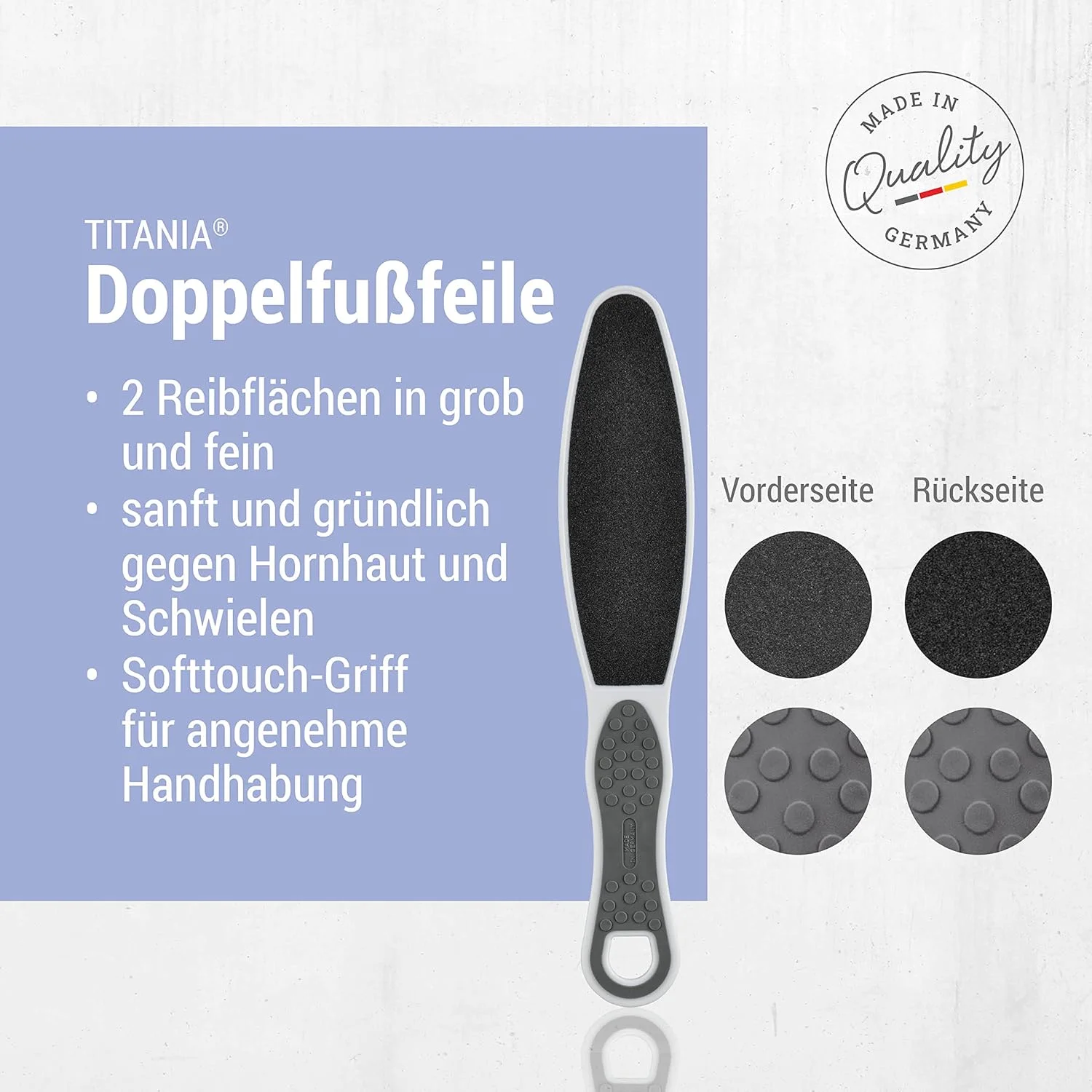 سوهان دو طرفه پا تیتانیا مدل Softtouch (زبر و نرم) • سوهان پینه دو طرفه • سوهان پای ارگونومیک • سوهان موثر از بین برنده پینه پا • ساخت آلمان • سوهان پا (23 سانتی متر، خاکستری)