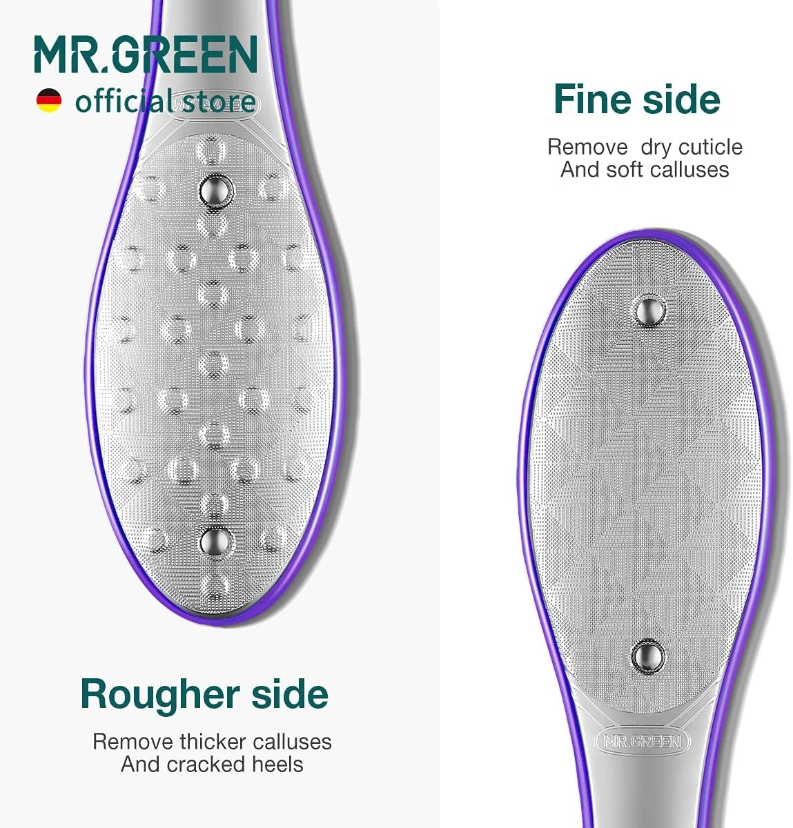 سوهان پا دو طرفه MR.GREEN، ابزار حرفه ای پدیکور، از بین برنده پینه پا، سوهان استیل ضد زنگ برای پا (بنفش)