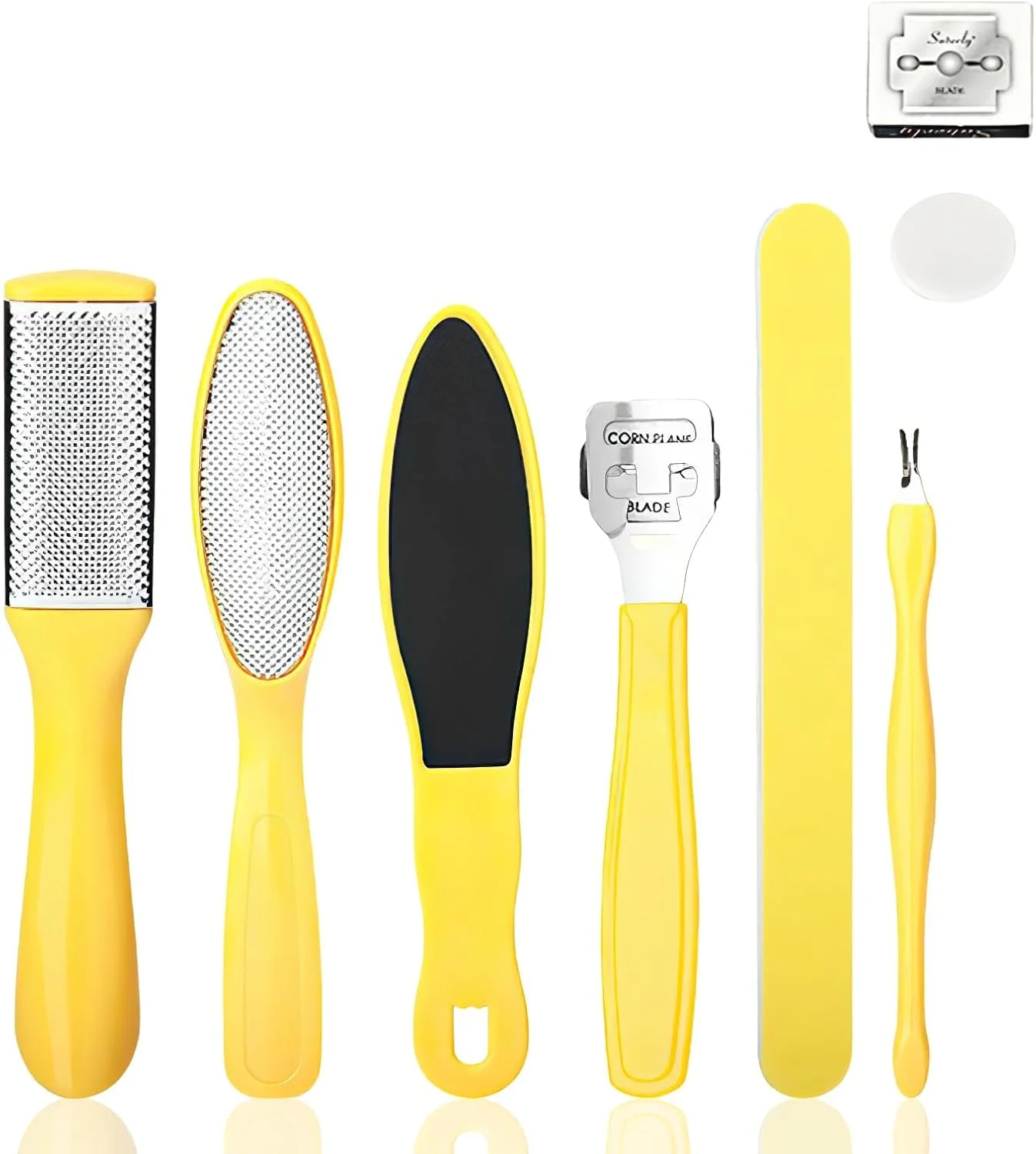 ست سوهان پای استیل ضد زنگ، مجموعه 8 عددی ابزار پدیکور دو طرفه قابل حمل، سوهان پا، اسکرابر و خراشنده پا، ابزار مراقبت از پا در منزل برای پوست سخت، از بین بردن پینه و ترک پاشنه پا، زرد