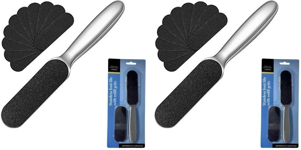 سوهان پدیکور استیل MOMENT، از بین برنده پینه پا، اسکرابر پا، رنده پا با 10 پد قابل تعویض دو طرفه زبر/نرم قابل استفاده مجدد برای مراقبت از پا، پوست ترک خورده، ابزار از بین برنده پینه (بسته 2 عددی)